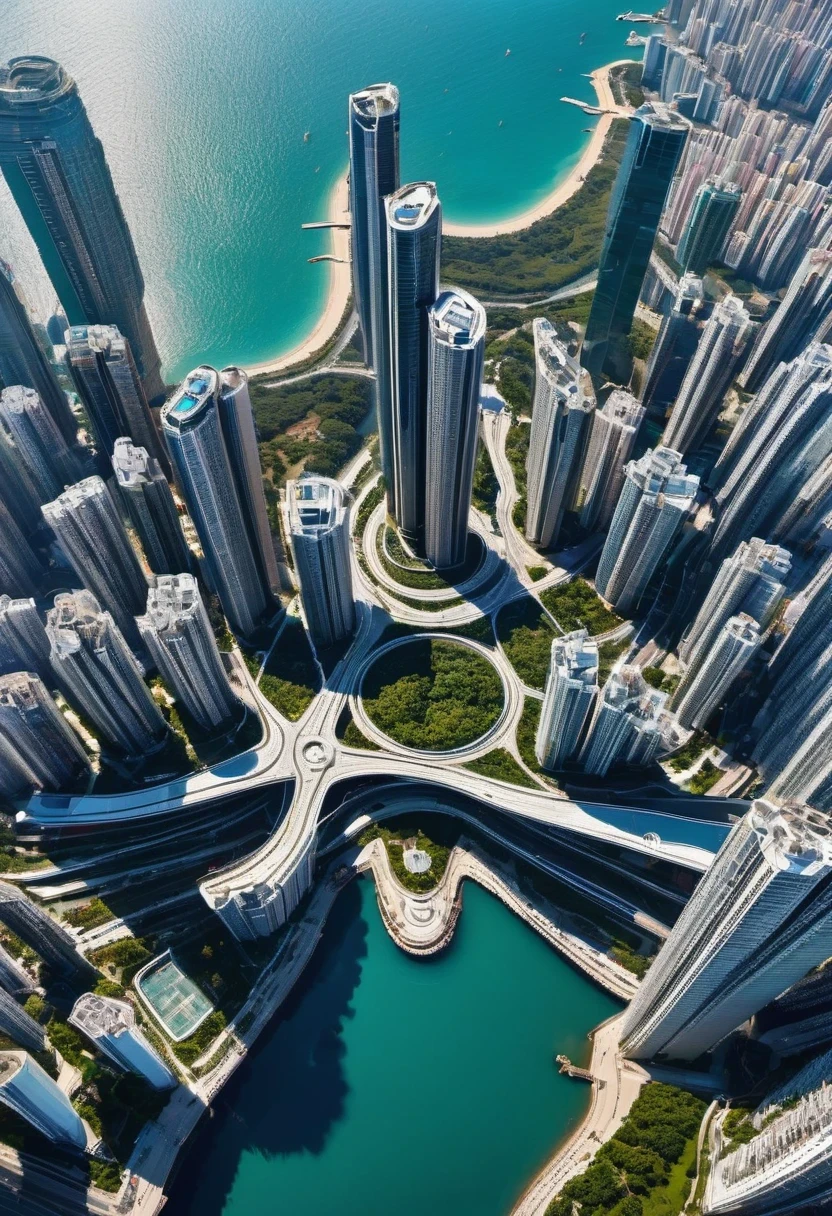 vanishing point, from above, panoramic, super wide angle, satellite images，Hong Kong floor plan ，((Coastal cities)), high density, Zaha Hadid Architecture, ((Top view)), Natural light, Specular rendering, masterpiece, high quality, outdoor