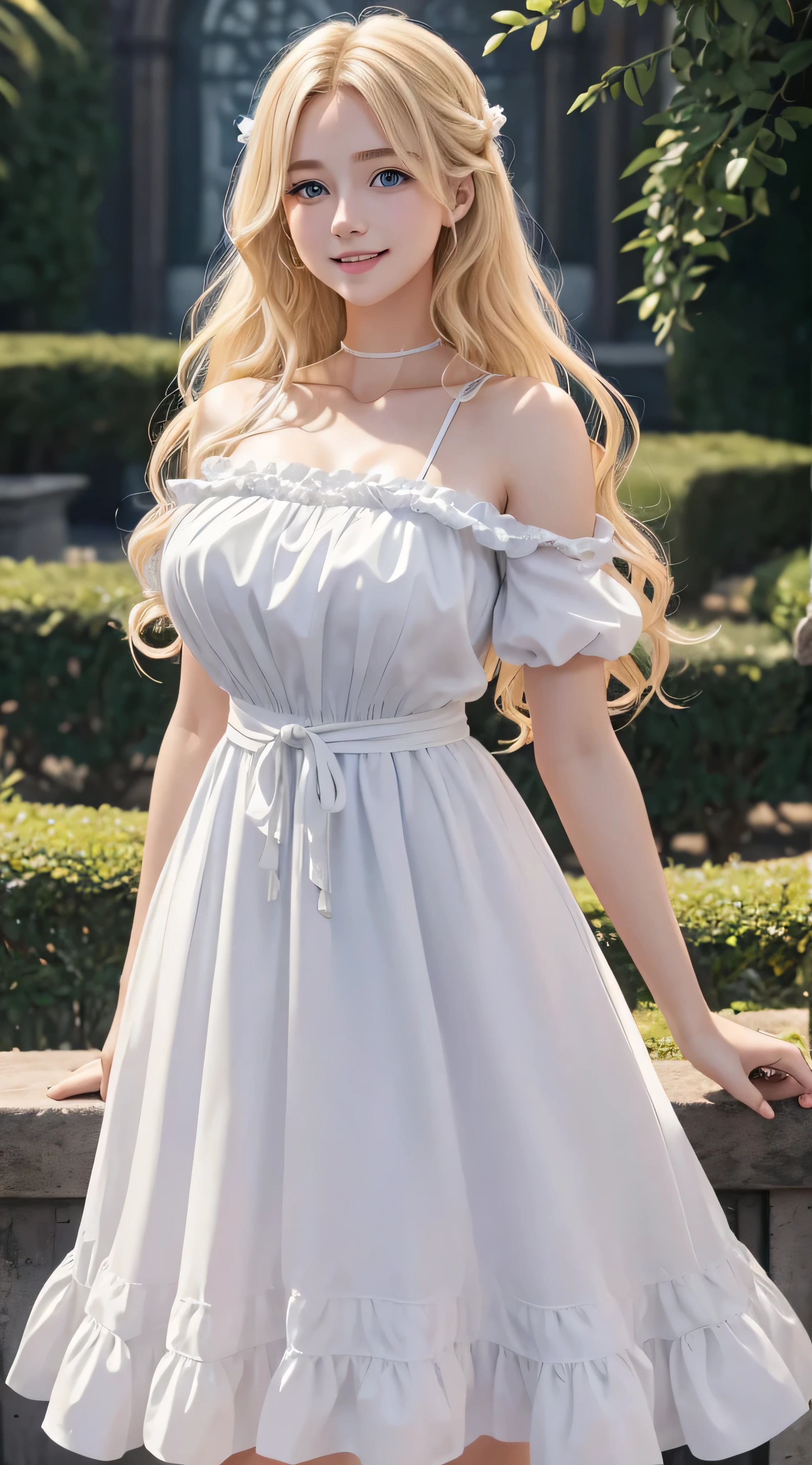 Young blonde with blue eyes and wavy hair down to her waist、She is wearing a pure white frilled dress.、ela esta sorindo、she is showing her teeth、she is in the square、Sinanoturna、melhor qualidade、Oblablima、8k、cinematic lighting、trabalho premiado