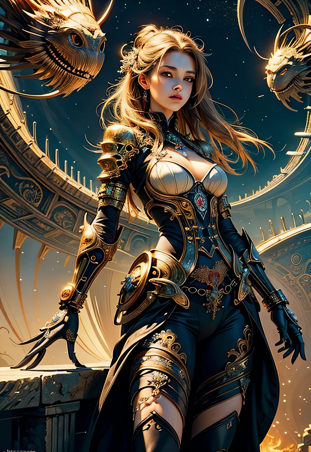 (NSFW): A woman, adorned with intricate body modifications including tongue, lip, and umbilical nails studded with precious stones that refract dazzling light, stands defiantly in front of a colossal, mechanized beast of steel and circuitry - a relic of Skynet's ancient war machines. Her battle-worn, chainmail armor gleams under the vivid colors of the Epic album cover-inspired scene, evoking the spirit of artist Ken Kelly. With a fierce gaze and a warrior's posture, she embodies the role of Paladin, as portrayed by Imogen Poots. The complex biopunk pattern on her armor