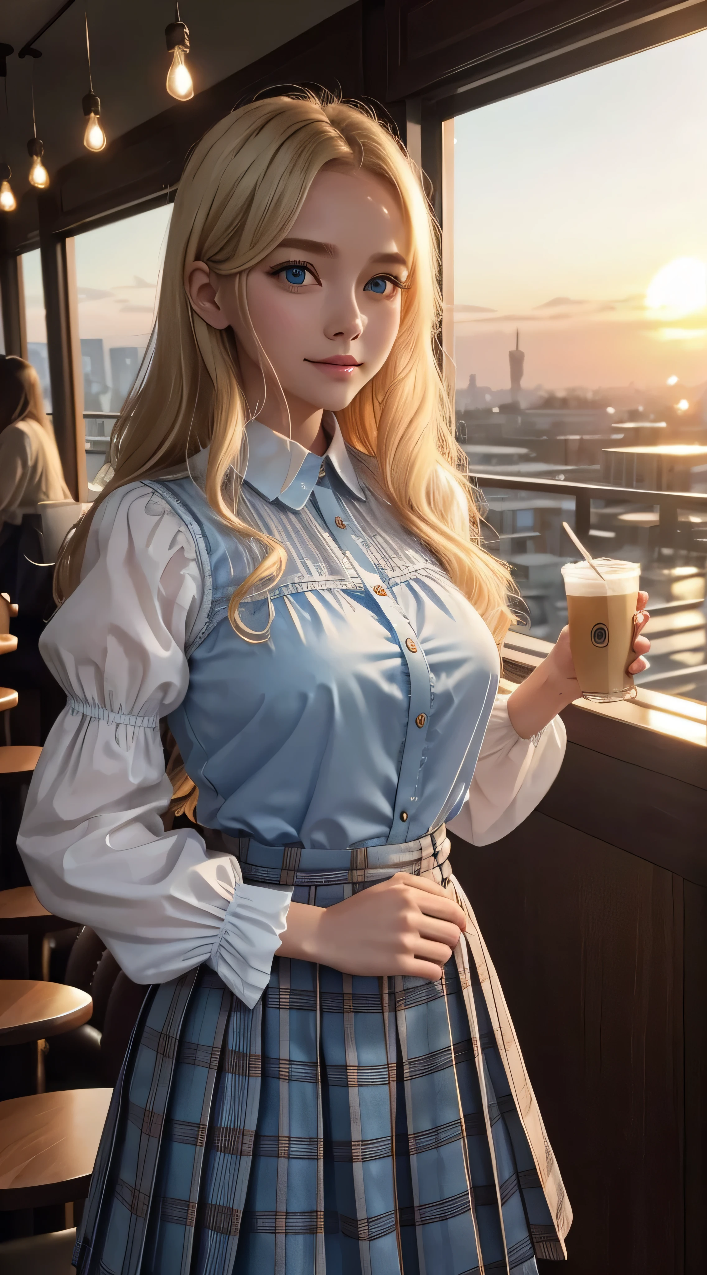 Young blonde with blue eyes and wavy hair down to her waist、ela esta sorindo、she is showing her teeth、Sinanoturna、melhor qualidade、Oblablima、8k、cinematic lighting、trabalho premiado。Mini pleated skirt with many checked pleats、satin blouse、ultra-thin fabric、smooth、see-through fabric、puffy sleeves:1.3、(In a crowded cafe at sunset:1.3))