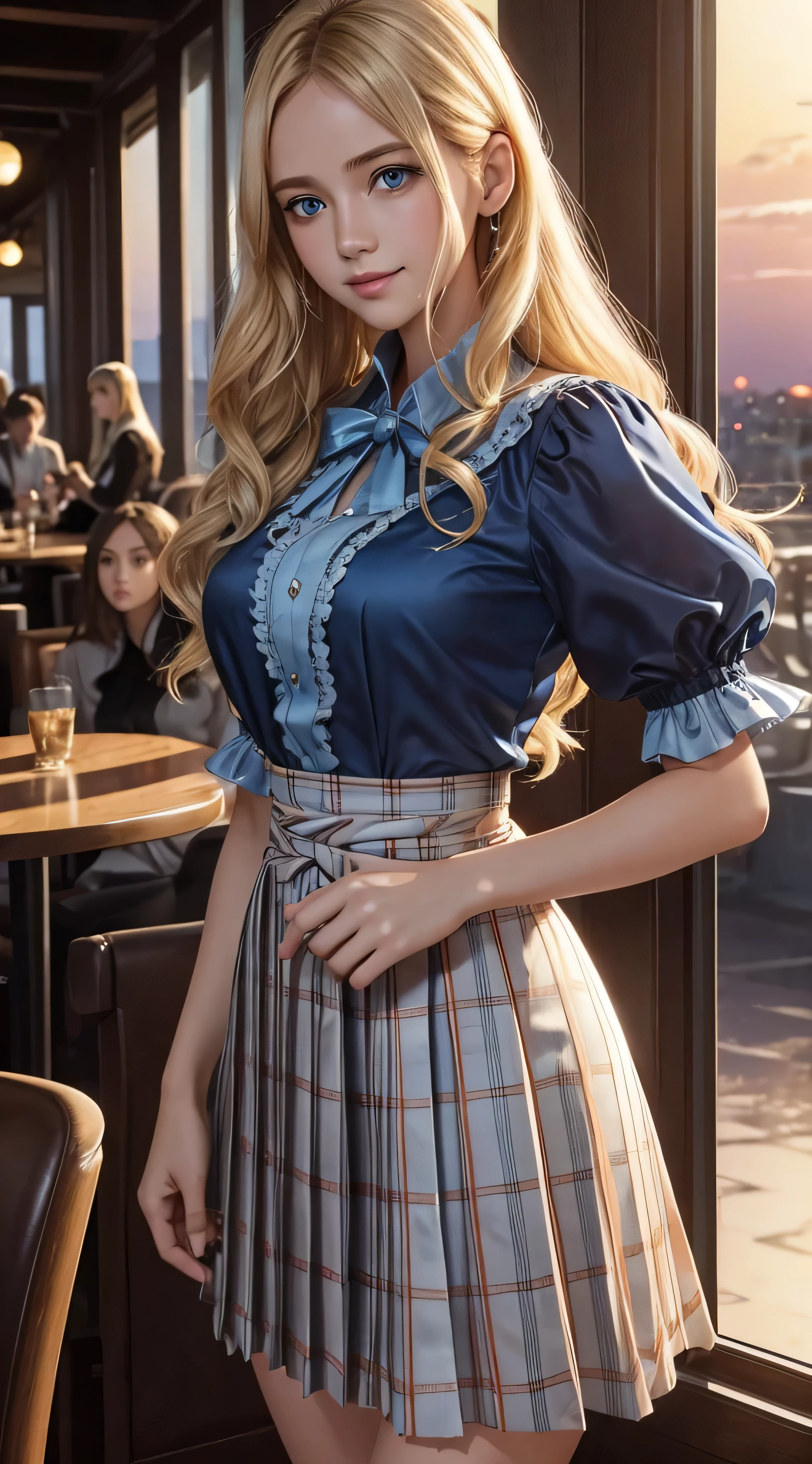 Young blonde with blue eyes and wavy hair down to her waist、ela esta sorindo、she is showing her teeth、Sinanoturna、melhor qualidade、Oblablima、8k、cinematic lighting、trabalho premiado。Mini pleated skirt with many checked pleats、satin blouse、ultra-thin fabric、smooth、see-through fabric、puffy sleeves:1.3、(In a crowded cafe at sunset:1.3))