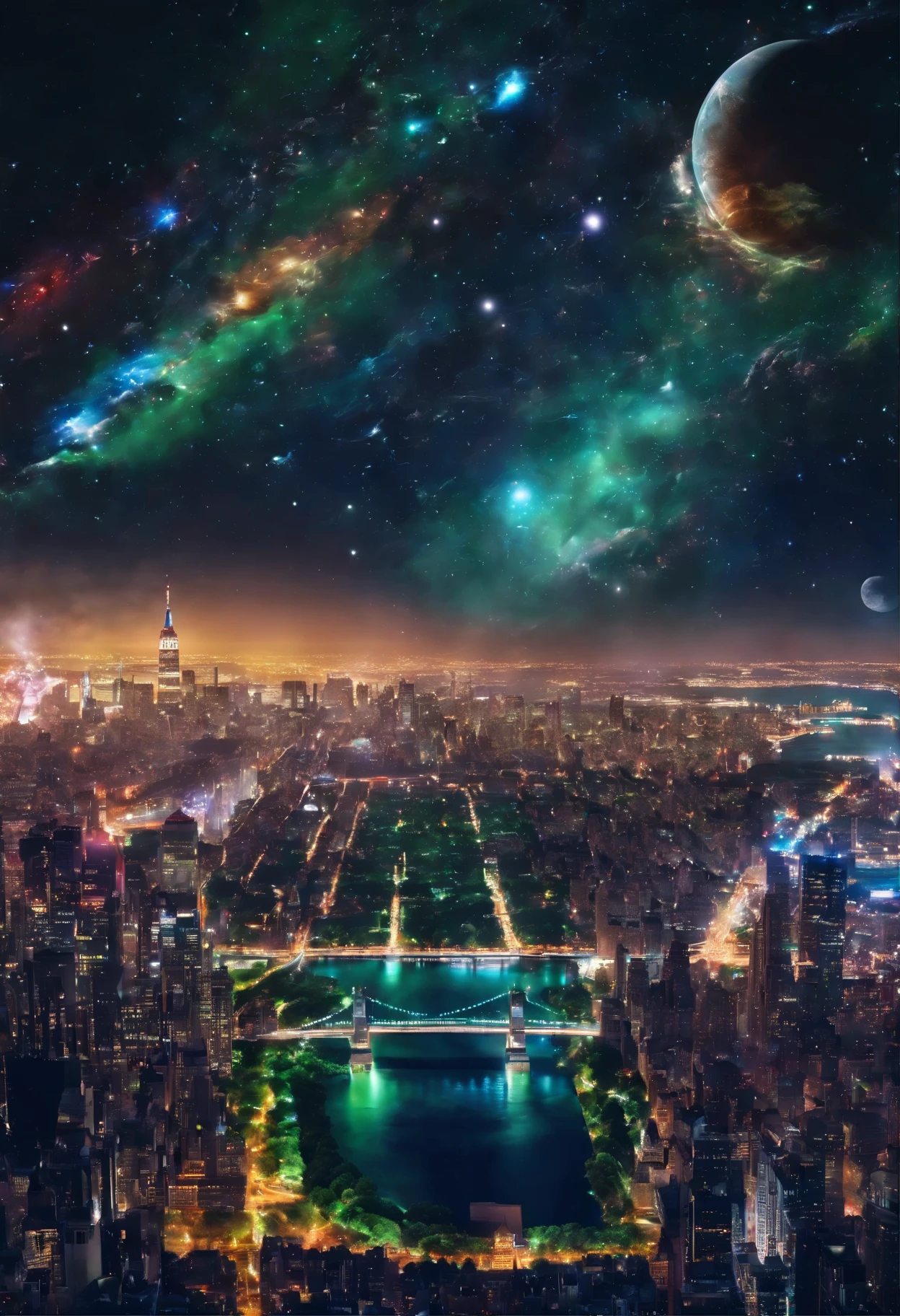 (best quality,4k,8k,highres,masterpiece:1.2),ultra-detailed,(realistic,photorealistic,photo-realistic:1.37),aerial view,nighttime,New York City,satellite imagery,city lights,skyscrapers,glowing,shining,illuminated streets,urban landscape,dazzling,thousands of bright lights,metropolis,skyline silhouette,traffic flowing like rivers,lit-up bridges,central park visible as a dark green oasis,electric atmosphere