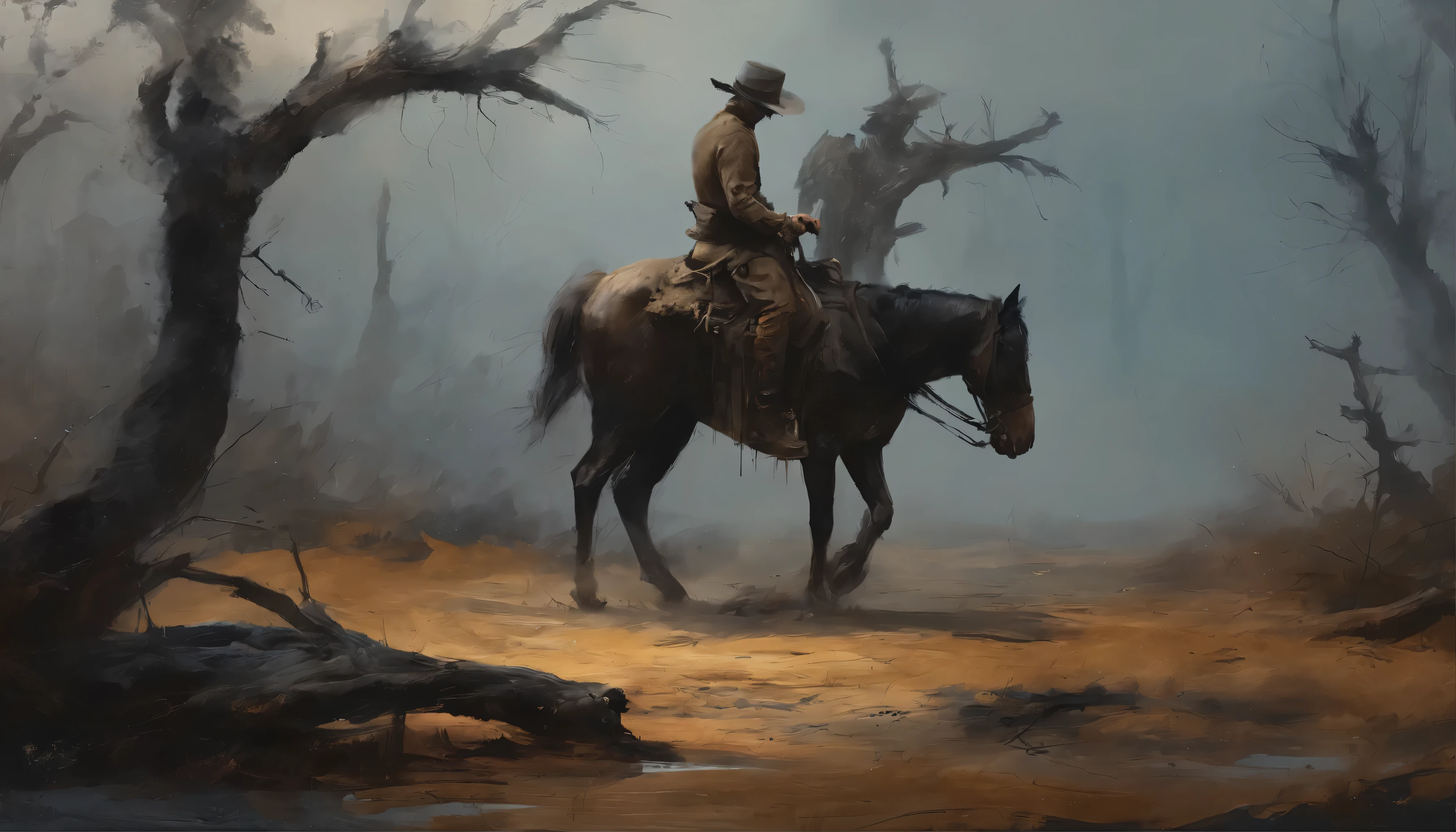 A horseman without head inFront oF a dead tree, several dead trees, Una sombra con forma de andador., noche estrellada, Thick Fog on the ground, Luz azul en el horizonte, Motor irreal 5, cinematographic, low angle photography, Desenfoque de movimiento, Depth oF Field, polvo, Adoquines y tierra. arte salpicado, pintura goteando. PerFect color grading. InFluenced by Karel Appel and Jeremy Mann, Full oF dramatic and threatening scenes, hiperdetallado, BeautiFul, incredibly detailed, detalles intrincados, editorial photography, Tomada con una lente de 50 mm., Depth oF Field, Tilt Blur, shutter speed 1/1000, F/22. Mapas de luz, Super brillante