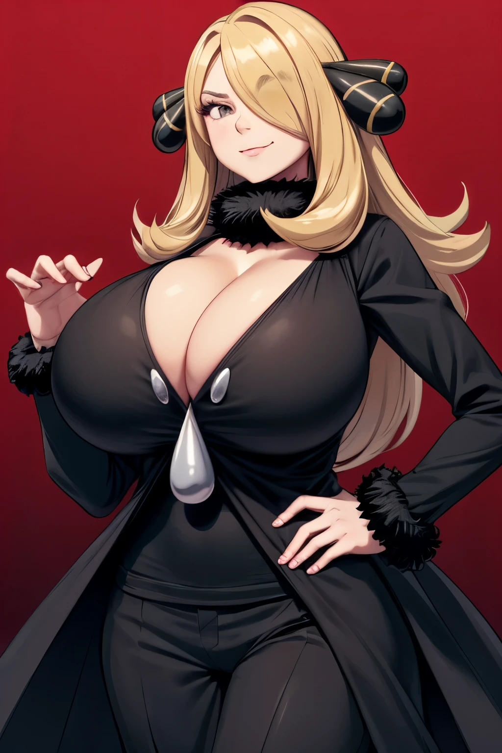 masterpiece, best quality, defCynthia, hair ornament, fur collar, cleavage, black gown, long sleeves, black pants, upper body, smile, furrowed brow, looking at viewer, red background, gradient background, large breasts, one hand on hip, hair over one eye