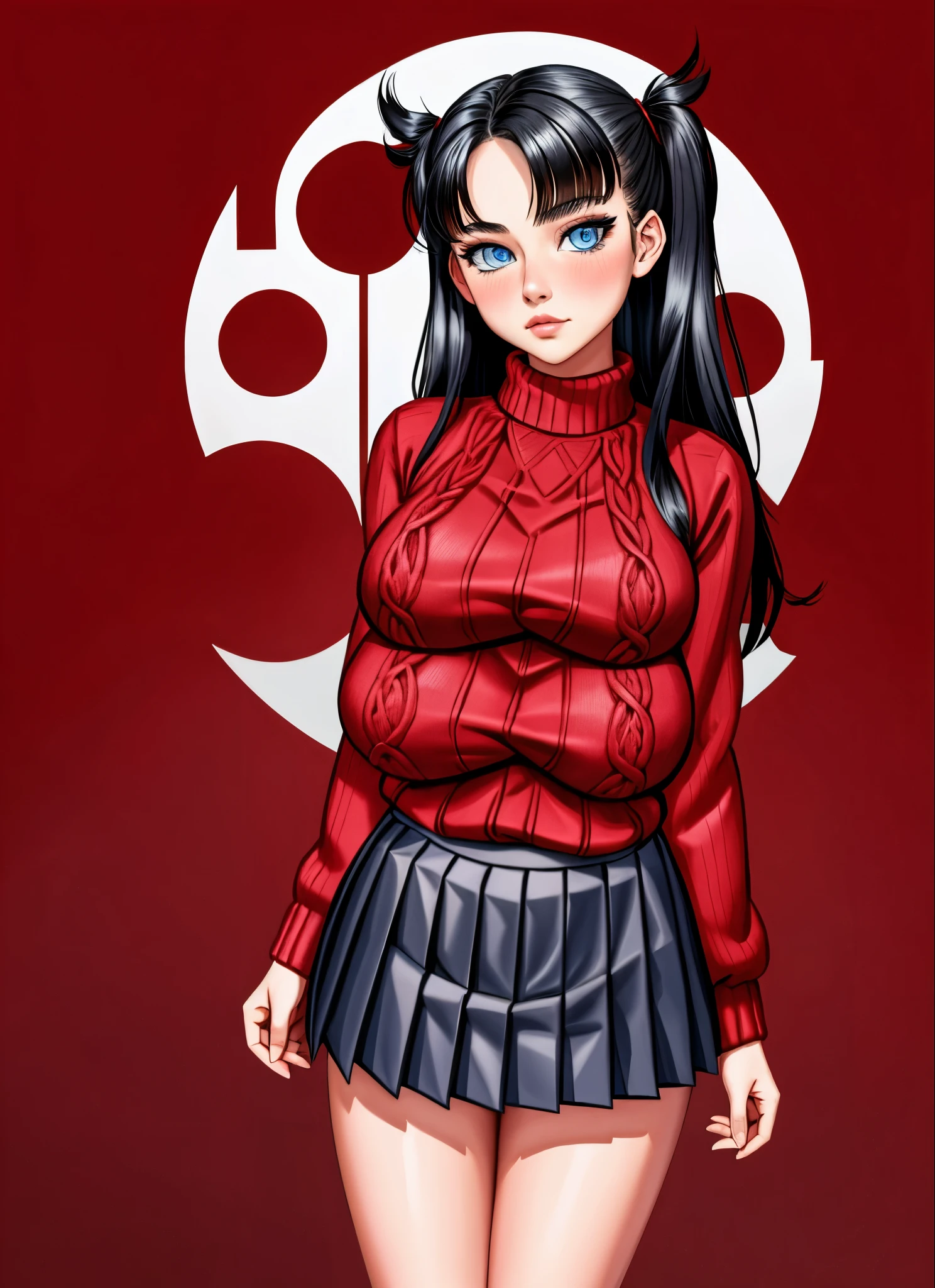 masterpiece, detailed, best quality, solo, 1girl, black hair, blue eyes, two side up, red sweater, impossible sweater, black skirt, pleated skirt, large breasts, blush, standing,