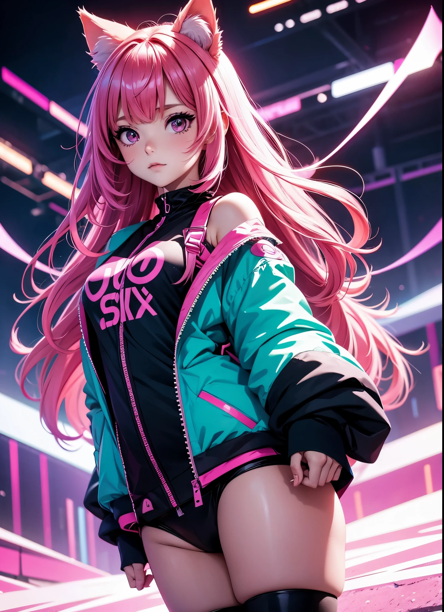 a girl with pink hair and a cat ears is staring at the camera, anime vibes, neon and dark, anime art wallpaper 8 k, anime colours, colorful glow, glowing with colored light, anime art wallpaper 4k, anime art wallpaper 4 k, anime wallpaper 4 k, anime wallpaper 4k, colorful and dark, glowing neon, anime wallpaper, 4k anime wallpaper