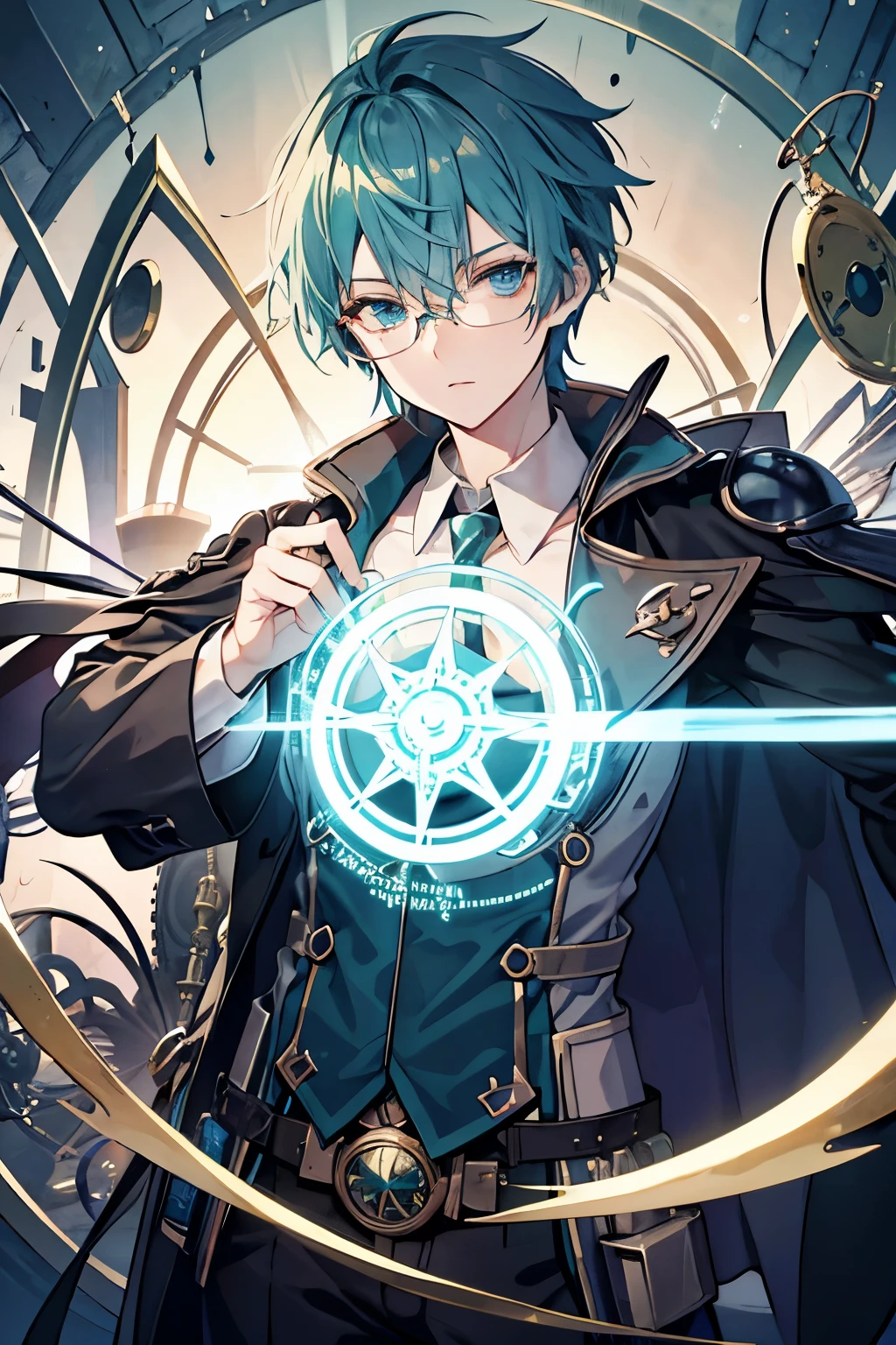 male　deep green hair　blue eyes　one person　Glasses　alchemist　magic circle　Magic activation 　flask　steampunk　hair、tie together at the back　witch&#39;s cauldron　inflammation　magic tool　whole body　cool　masterpiece　Highest image quality　noise removal　clear parts 　cinematic shadow　Increases the attractiveness of the eyes　clear parts the shine of the eyes　draw eyelashes neatly　perfect eyes　detailed eyes　sharpen image quality　sharpen eye writing　clear parts eye shape