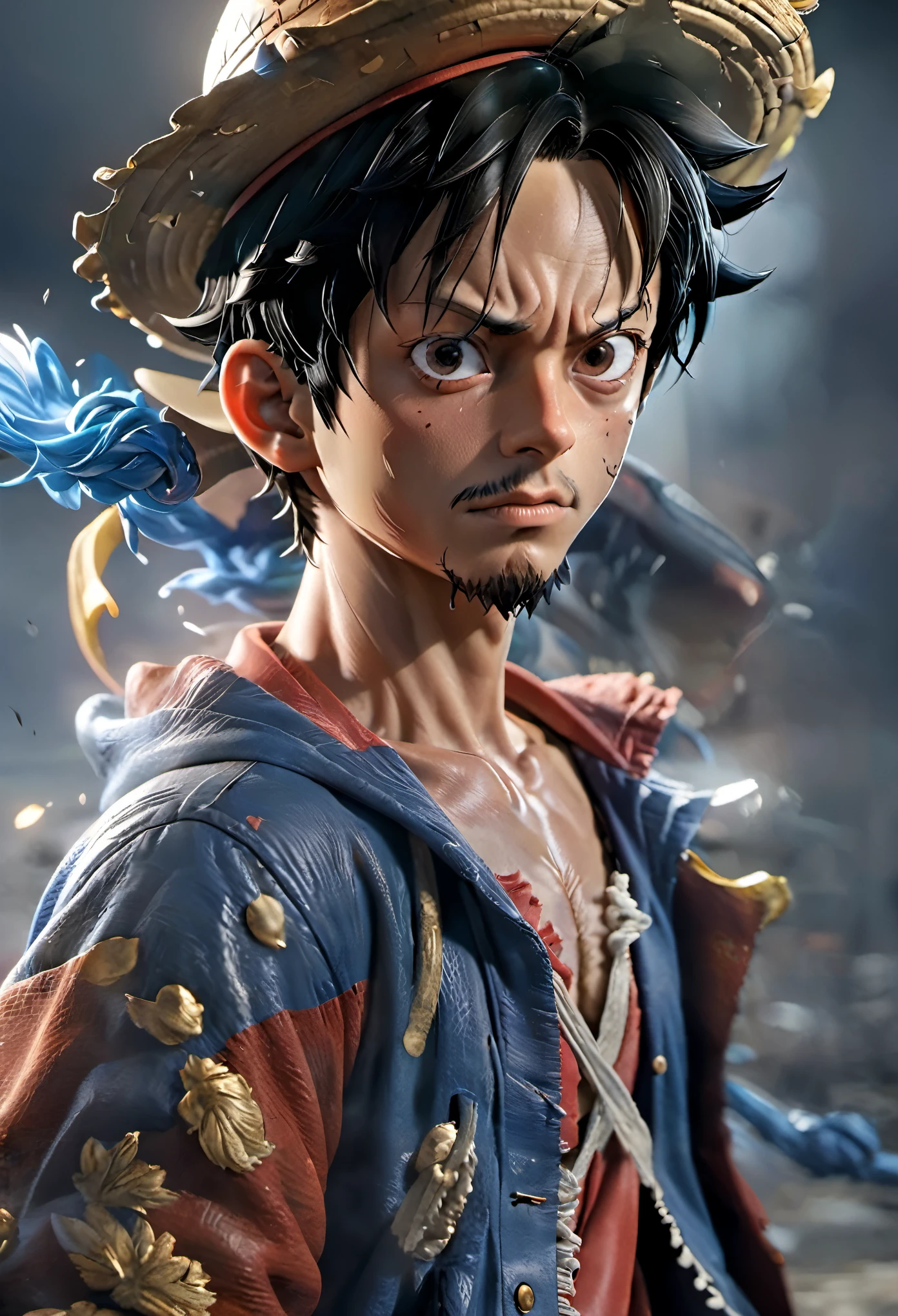 Hyper realistic one piece character design, luffy, mist, photorealistic, octane render, unreal engine 5, 1 8k, hyper detailed, volumetric lighting, hdr. Scene of a raging combat, background of chaos and conflict