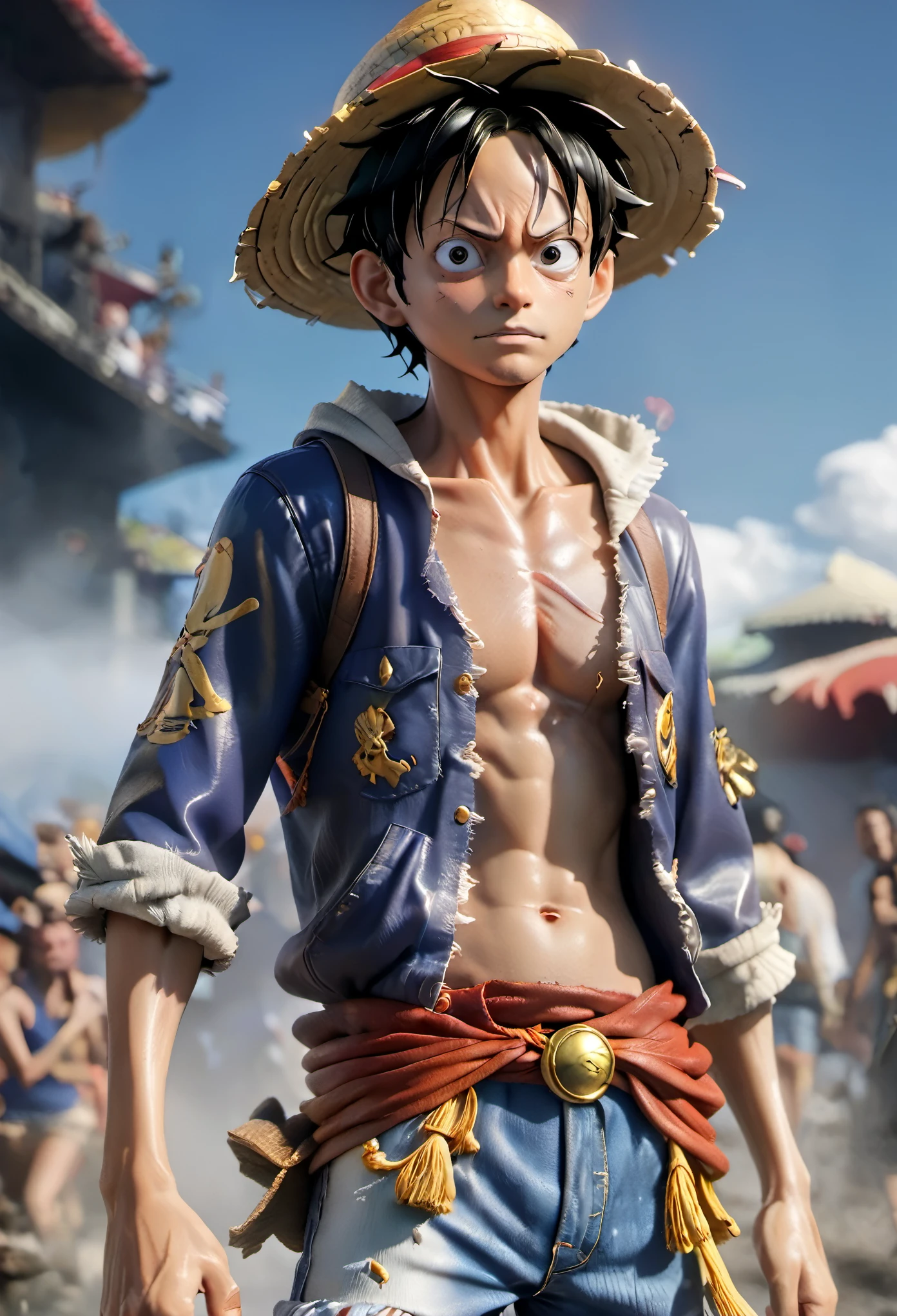 Hyper realistic one piece character design, luffy, mist, photorealistic, octane render, unreal engine 5, 1 8k, hyper detailed, volumetric lighting, hdr. Scene of a raging combat, background of chaos and conflict