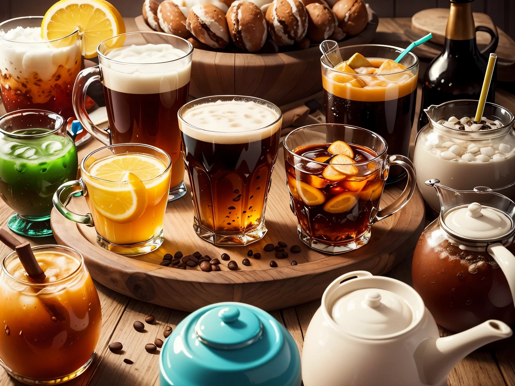 a vibrant and colorful image that represents the different drinks mentioned in the video. For example, you can create a composition with glasses or bottles of featured drinks, such as coffee, tea, soda, beer, water, among others. Add visual elements that refer to each of these drinks, such as coffee beans, tea leaves, soda bubbles, beer foam, water drops, among others. In the center of the thumbnail, highlight the title "Top 10: Discover the Most Consumed Drinks in the World and Be Surprised!" in large, eye-catching letters. Make sure the image is attractive and arouses viewers' curiosity to watch the video