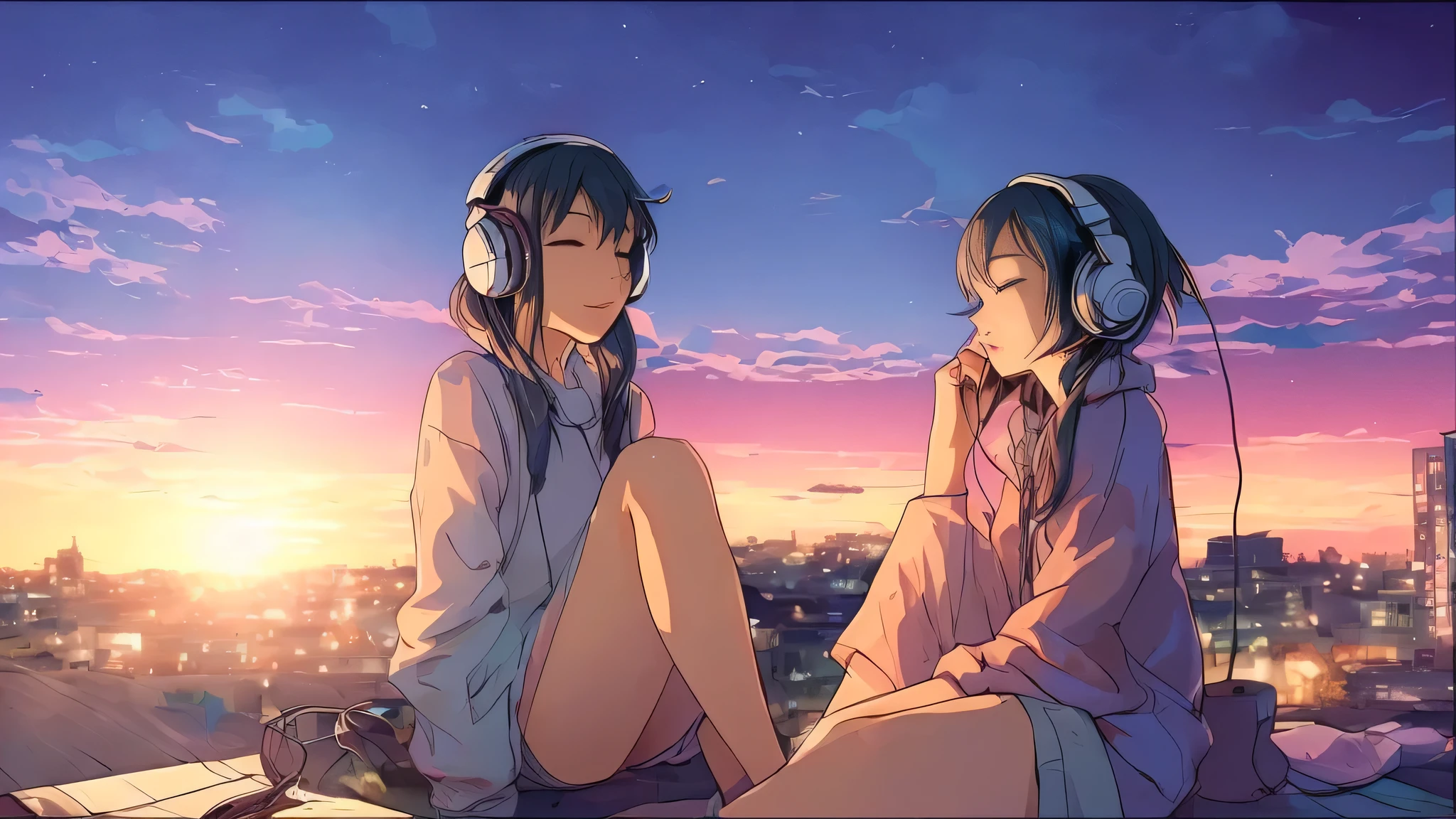 Anime girl sitting on the rooftop and listening to music with headphones, Chillhop, relax, Nightcore, Chill vibes, Chill feeling, Chill vibe, relaxing mood, anime atmosphere, relaxing atmosphere, Chillwave, lofi girl, Chill out, lo-fi hip hop, vibrate in time with music, lofi girl aesthetic, relaxing calm vibes, Chill, listening to music at 2 am