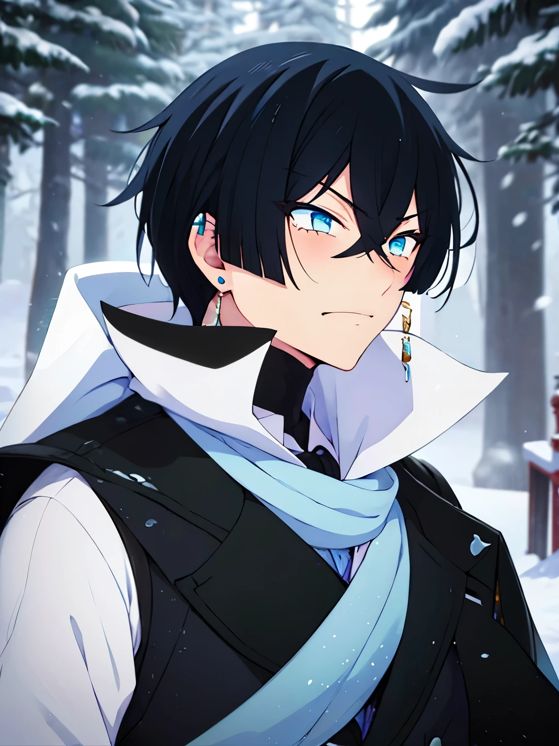1boy,vanitas no carte,Facing right, hitting,camera angle from the side, looking away, looking away, angry expression,at he north pole, snow storm,half body photo