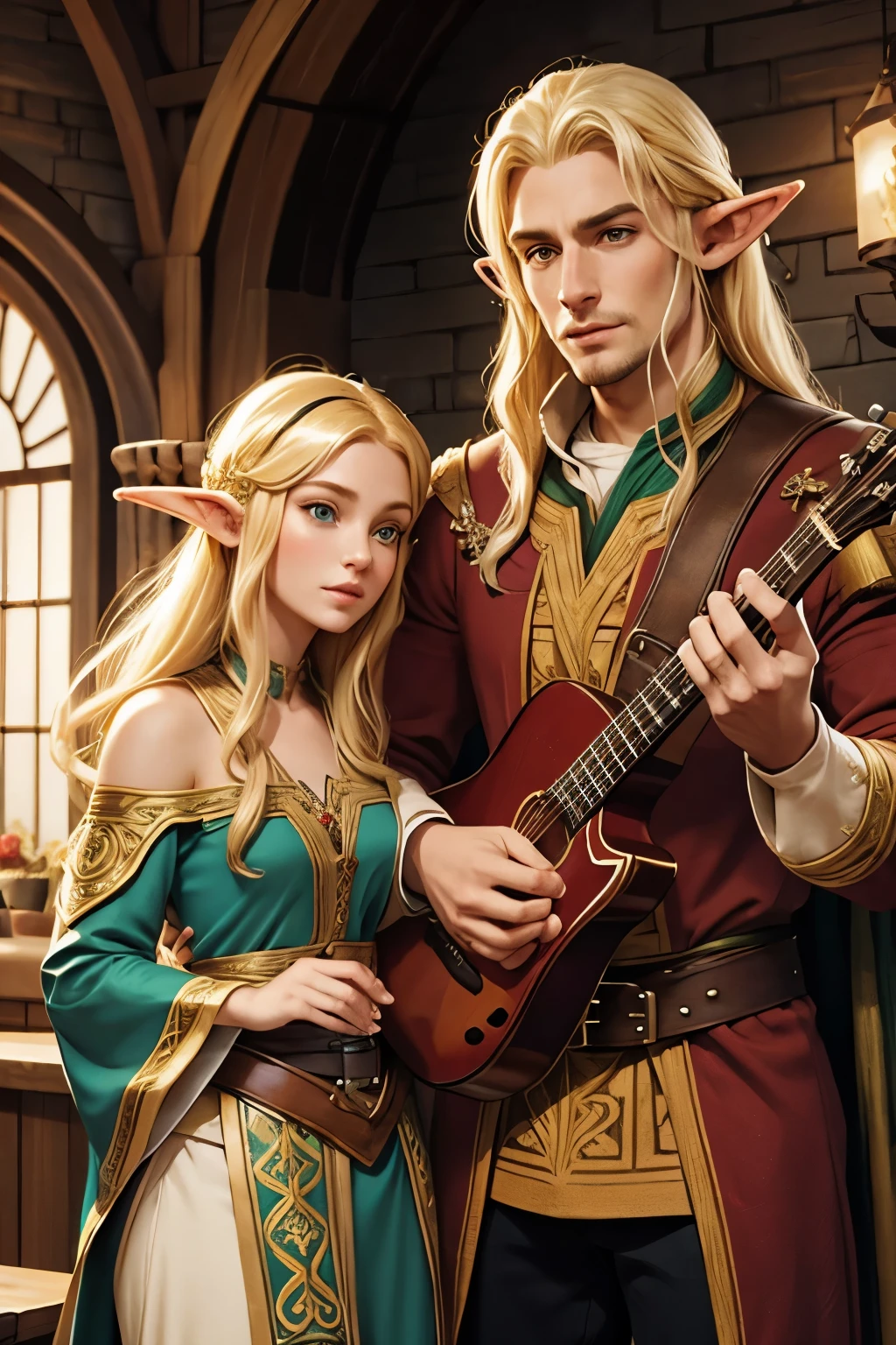 half-elf bard man with a beautiful blonde woman