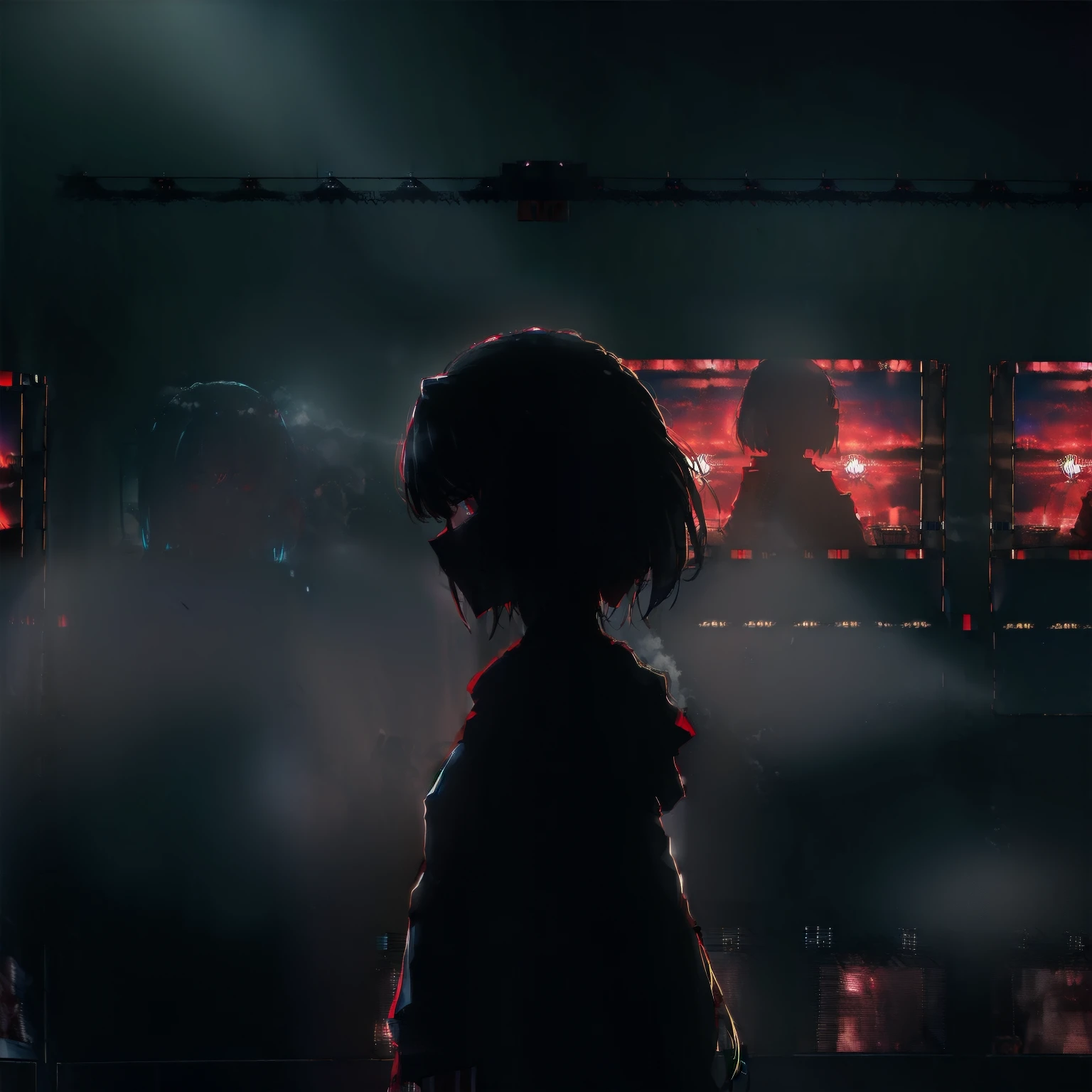 Reflect tooltip: woman with red eyes stands in front of the window, trending on pixiv, There's a scary atmosphere behind her., panoramic view of the girl in the center, Anime lighting, forced witness, Glass lid, Heavy makeup, (screens),Beautiful silhouette of a girl with blood particles floating around her, illuminated by a flickering television monitor, which displays a mesmerizing image of an anime girl.,Conveying a sense of mystery and intensity,from a famous anime artist, with a dark and atmospheric background filled with screens and displays, but catches the viewer's eye,(very long hair),(full width cinema screens and displays:1.4),(giant cinema screens and displays:1.6),(bring your face closer:1.3), ((focus on the face:1.3)),((there are girls in giant cinema screens and displays:1.9)), ((fog:1.8)), (heavy fog 1.2), (soft drops of blood, tears), ((dark colors 1.6))