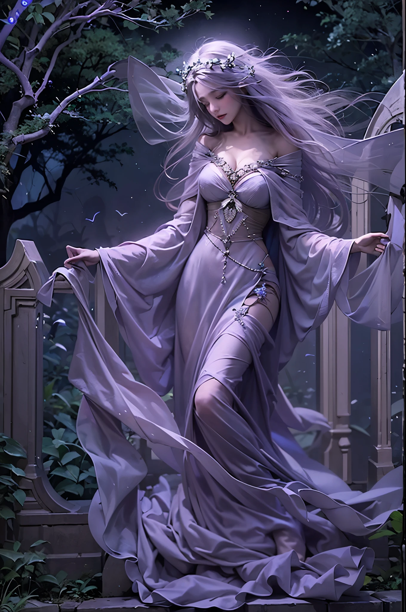 In the moonlit embrace of an Irish graveyard, the banshee materializes, a spectral vision in ethereal mist. Cascading silver moonlight illuminates her delicate form, draped in a gown adorned with Celtic knotwork. With outstretched arms, she weaves a haunting melody, the air shimmering with spirits and the weight of destiny. The graveyard, silent in the moonlight, forms a spectral backdrop to the banshee's sorrowful aria