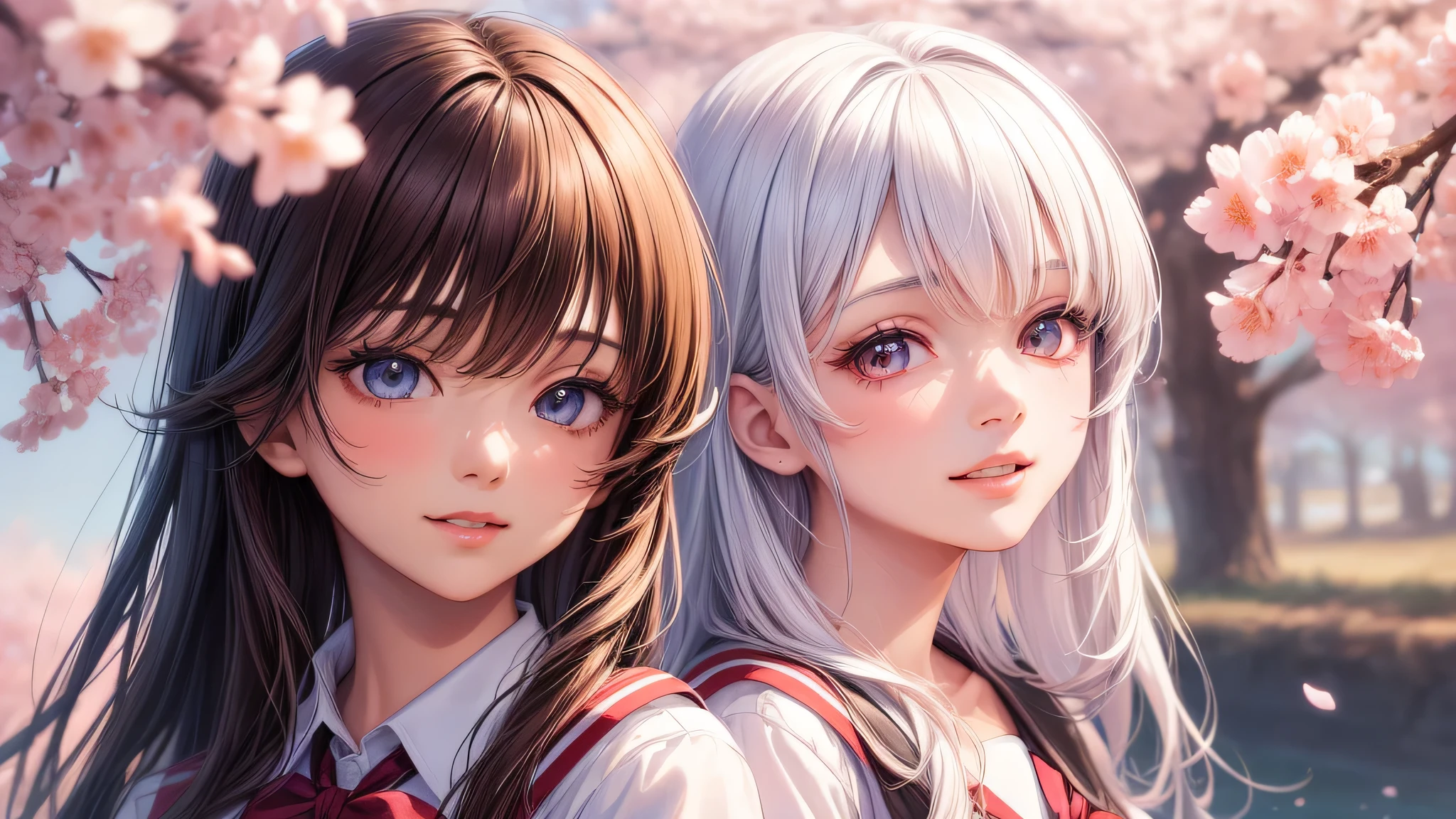 (2 girls:1.2), incredibly beautiful face,, shining smile, (school uniform, mini skirt:1.2), (highest quality: 1.4), (Super detailed), (highest quality:1.4), (super detailed), evening, (anime illustration), very high resolution, (Upper body), close up face, cherry blossoms, cherry blossoms