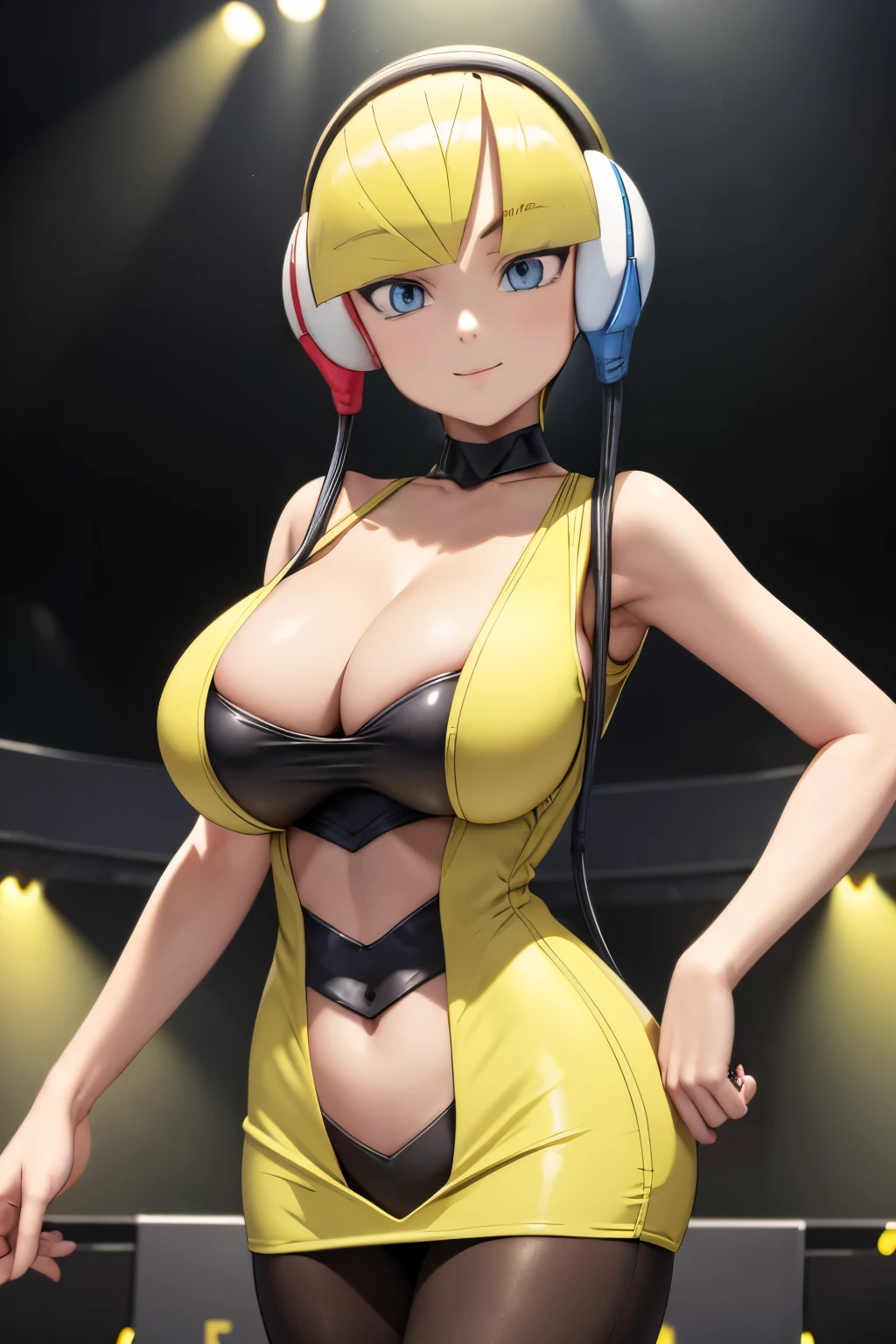 masterpiece, best quality, bw1elesa, blonde hair, short hair, headphones, (cables:1.4), choker, black and yellow dress, short dress, clothing cutout, navel cutout, sleeveless, pantyhose, looking at viewer, cowboy shot, runway, stage, spotlight, upper body, slight smile, ((undercleavage)), skindentation