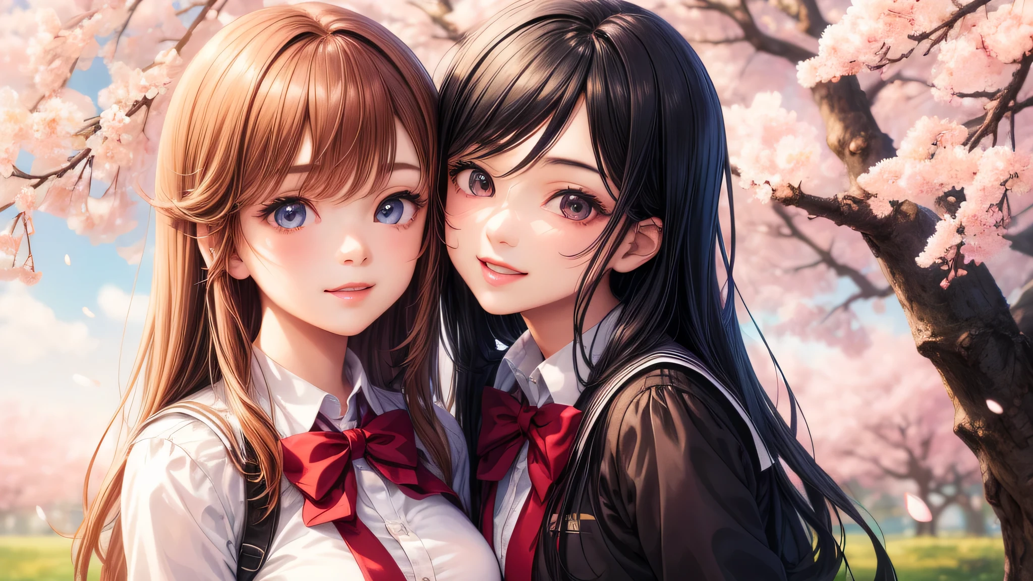 (2 girls:1.2), incredibly beautiful face,, shining smile, (school uniform, mini skirt:1.2), (highest quality: 1.4), (Super detailed), (highest quality:1.4), (super detailed), evening, (anime illustration), very high resolution, (Upper body), close up face, cherry blossoms, cherry blossoms