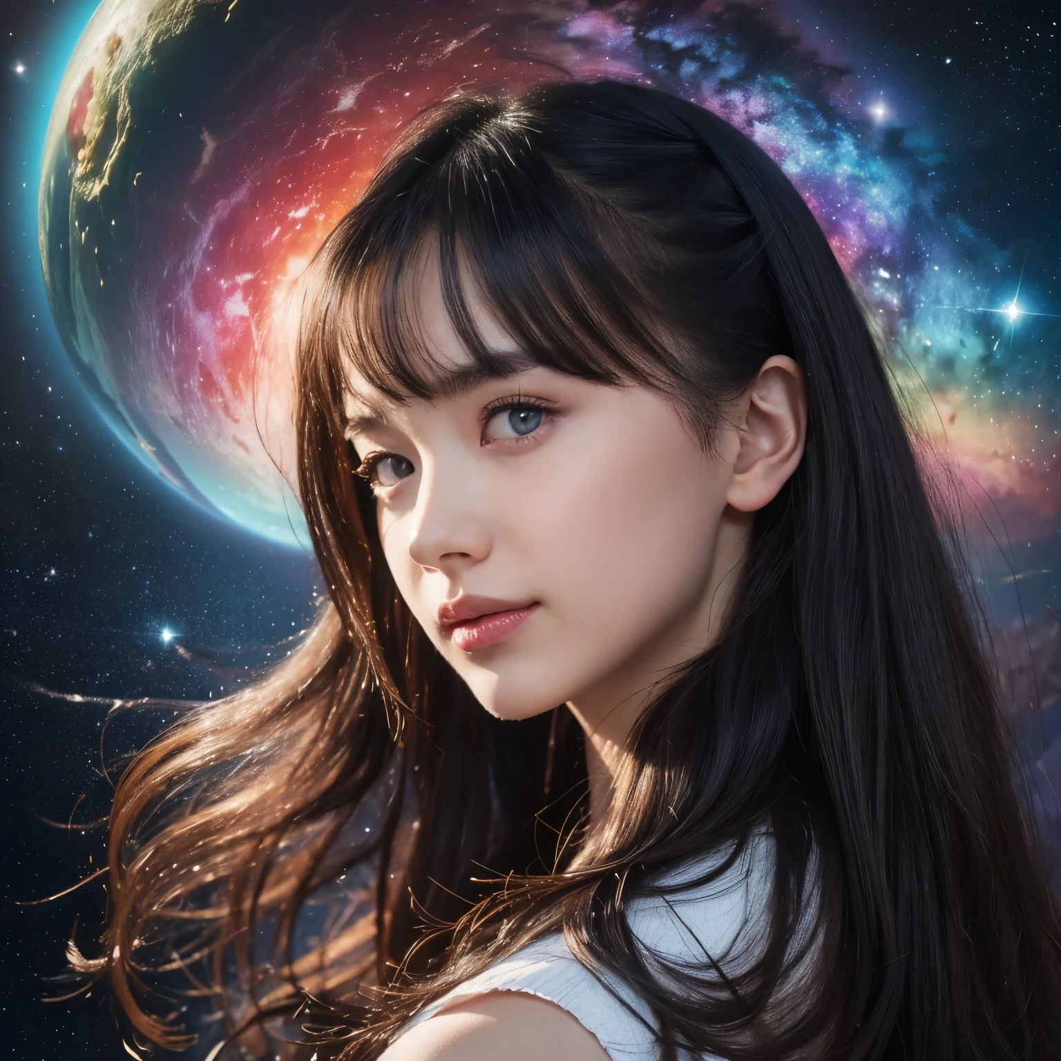 (best quality,4k,highres,ultra-detailed, photo realistic:1.37), beautiful girl with mesmerizing eyes,gorgeous galaxy viewing,sparkling stars,soft cosmic colors,ethereal atmosphere,peaceful serenity,celestial wonders,wonderful universe,stellar beauty,romantic stardust,celestial portrait,cosmic perspective,astounding cosmic art,galactic elegance,transcendent charm,celestial goddess,cosmic enchantment,cosmic girl admiring the magnificent galaxy,cosmic dreamworld,galactic reverie,cosmic masterpiece:1.2