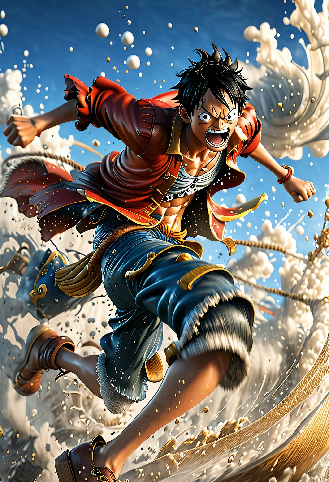 Hyper realistic one piece character design, luffy, mist, photorealistic, octane render, unreal engine 5, 1 8k, hyper detailed, volumetric lighting, hdr. Scene of a raging combat, background of chaos and conflict