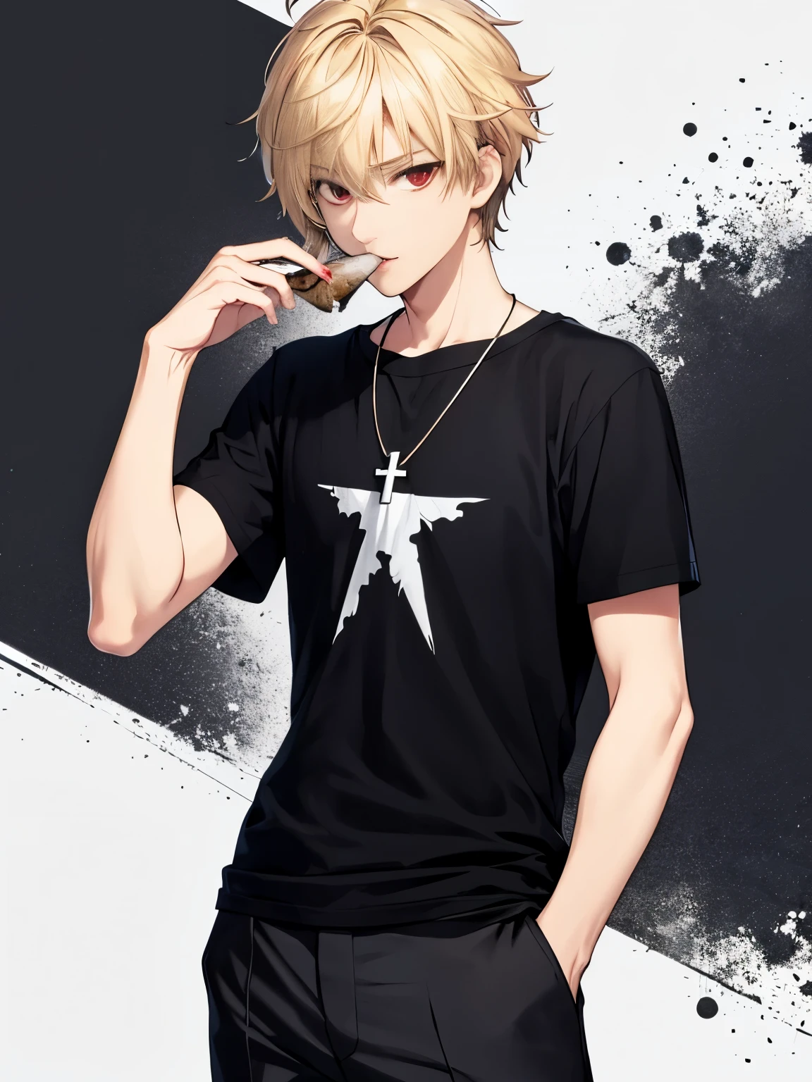 1 boy,solo,20 years old,Eating birds, both hands in mouth,,half body photo,cross necklace,handsome,messy hair,Perfect face, detailed face, short hair, blonde hair,black t-shirt, Plain t-shirt,black t-shirt,short sleeve t-shirt,black trousers, Long pants,red eyes,bright red eyes, vampire
