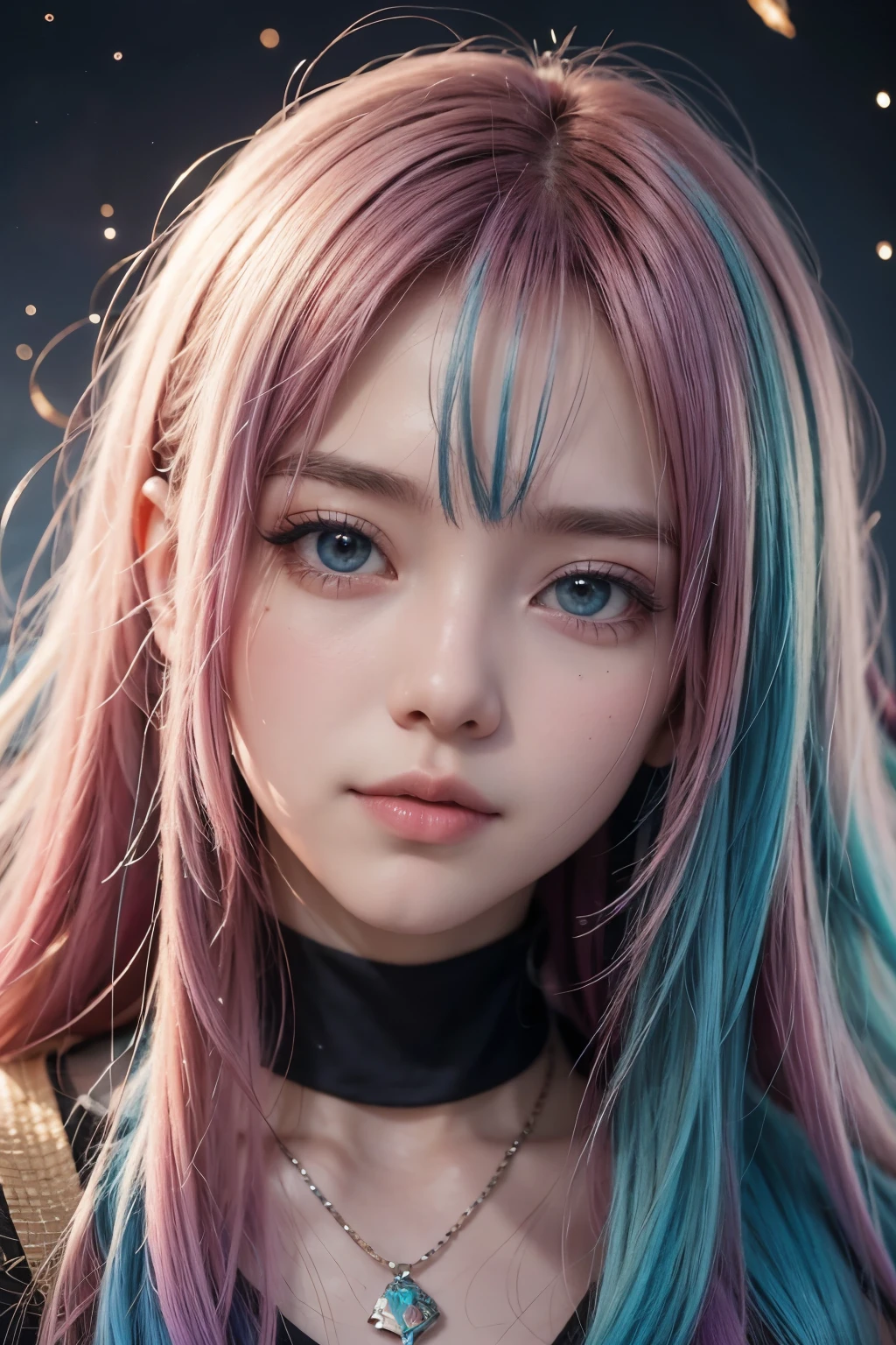 Pink hair, Striped hair, Light blue hair, Ear blush, Asymmetrical hair, Long hair, Parted bangs, Curly hair, Crying, saliva trail, surrealism, shadowing, anaglyph, stereograms, tachi-e, angle of view, Atmospheric perspective, High detail, multiple monochrome, Sparkle, Depth of field, f/2.8, 8K, Super detail, ccurate, Best quality, Award-Awarded, High details, hyper HD, High quality, Textured skin,With his eyes closed,saddened,Shouting, --auto