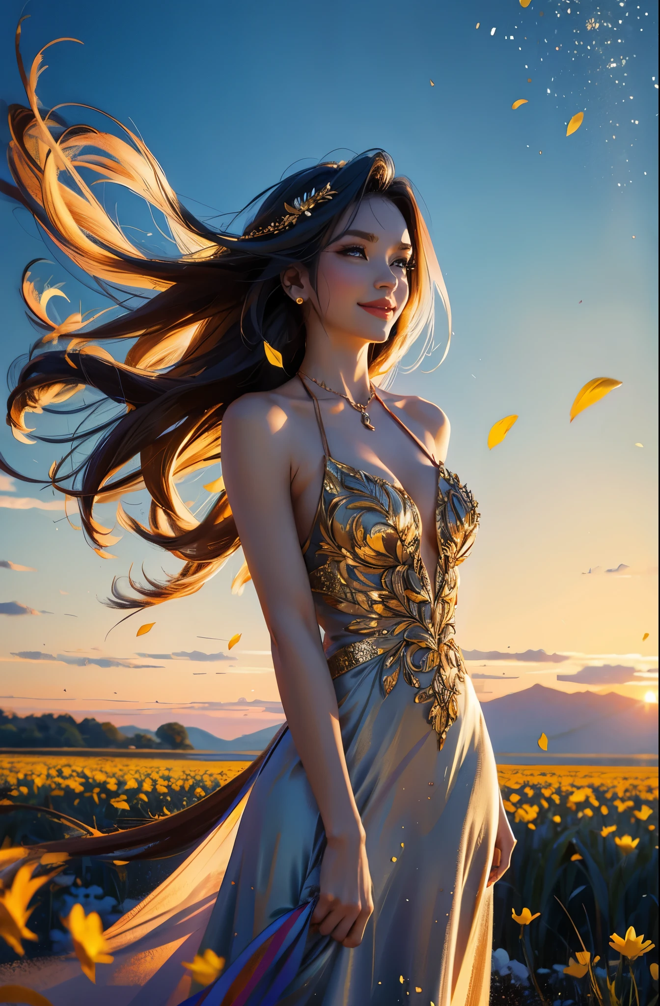 award winning digital art, half body portrait of a beautiful woman in a silk Tang dress with gold embroidery, colorful hairstyle with head in motion and long hair flying, big smile, Happy, sexy,  in a flower field, golden sunset, particles dust, glitter, paint splashes, splatter, outrun, vaporware, shaded flat illustration, digital art, trending on artstation, highly detailed, fine detail, intricate