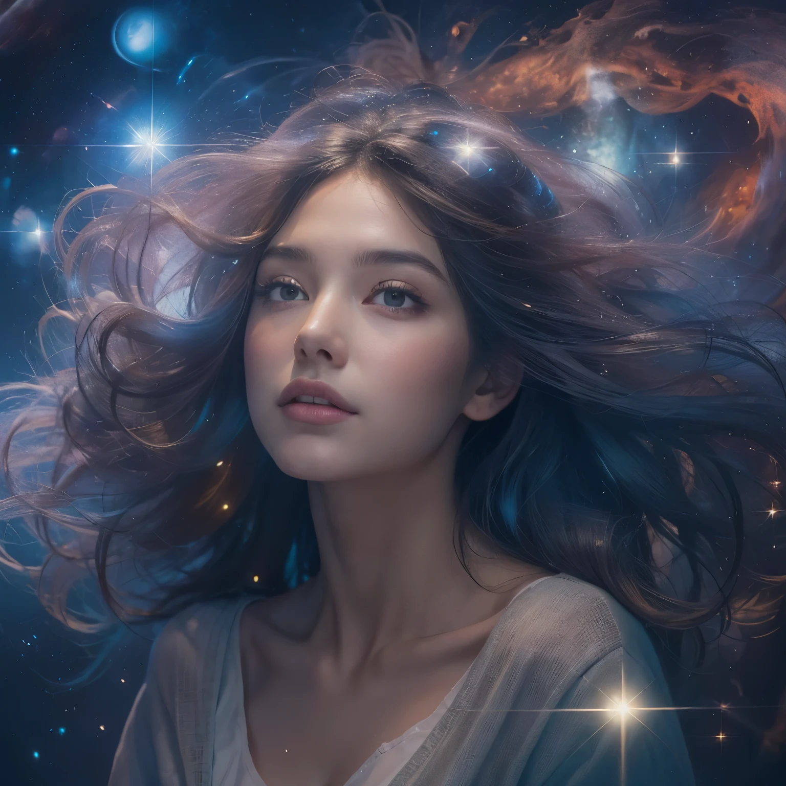 (best quality,4k,highres),beautiful girl with mesmerizing eyes,gorgeous galaxy viewing,sparkling stars,soft cosmic colors,ethereal atmosphere,peaceful serenity,celestial wonders,wonderful universe,stellar beauty,romantic stardust,celestial portrait,cosmic perspective,astounding cosmic art,galactic elegance,transcendent charm,celestial goddess,cosmic enchantment,cosmic girl admiring the magnificent galaxy,cosmic dreamworld,galactic reverie,cosmic masterpiece:1.2