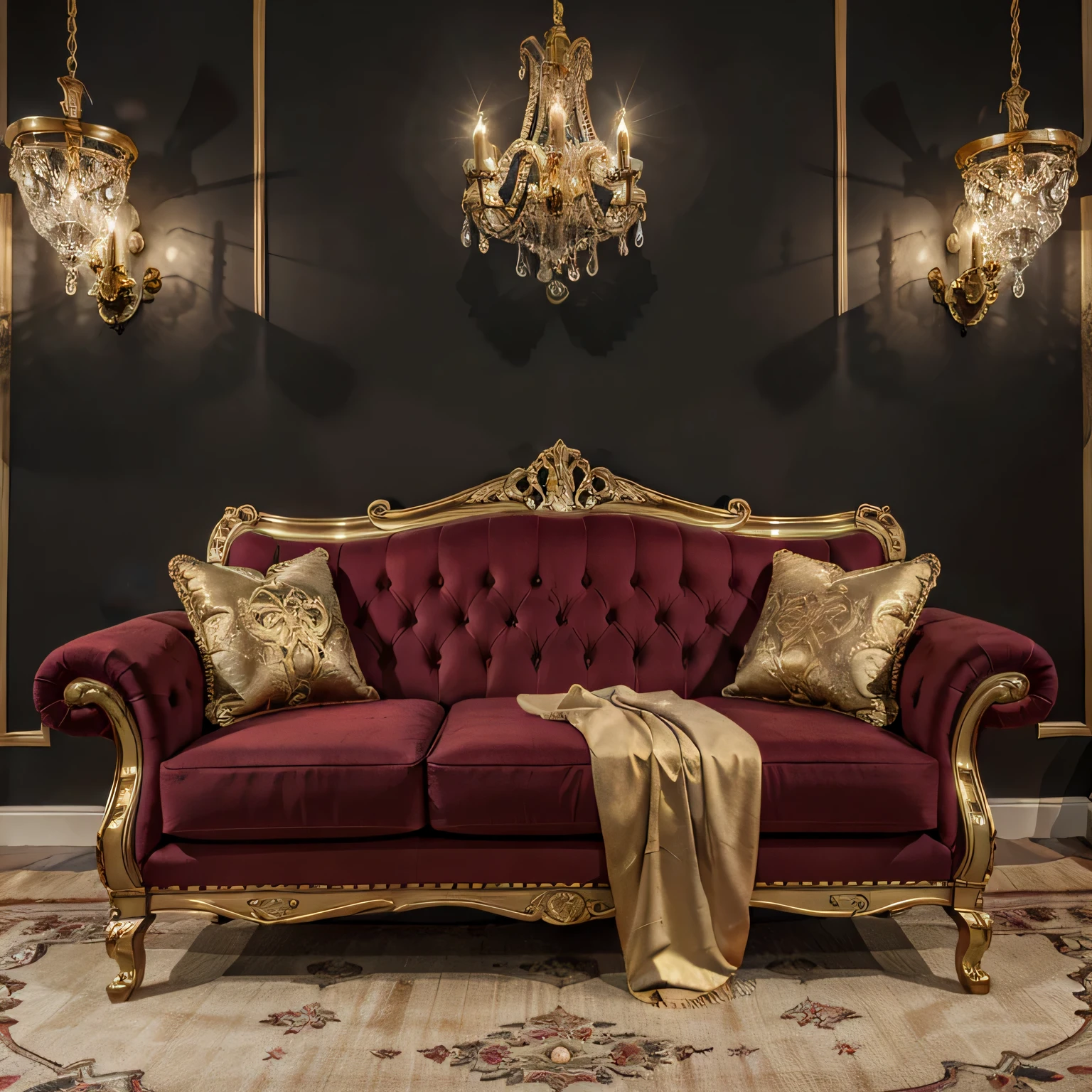 arafed red couch in a room with a red wall and a chandelier, luxury furniture, elegant furniture, ornate furniture, red velvet furniture, lavish rococo baroque setting, in a baroque style, elegant baroque, baroque style, red and golden color details, 1 8 th century style, ornate with gold trimmings, furniture and decor, lounging on expensive sofa, detailed wall, ultra real graphics, golden pillows, fabric texture