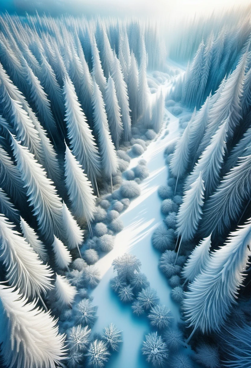 Top view of a winter forest from high in the sky，Fantasy snow scene from high altitude，You can feel the complex ecosystem. The perspective of aerial photography allows us to appreciate the beautiful scenery and intricate details of the landscape from a bird&#39;s-eye perspective. Fantasy landscape art , masterpiece, Beautiful detailed ultra high definition beautiful art 