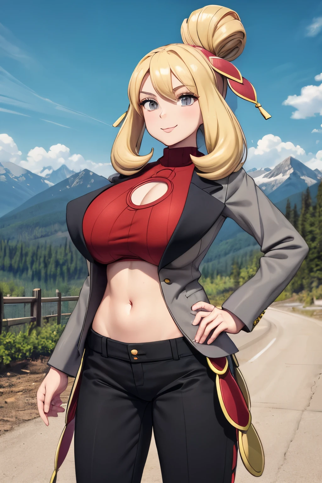 masterpiece, best quality, sygCynthia, hair bun, hairband, grey jacket, red sweater, clothing cutout, black pants, cowboy shot, looking at viewer, smile, sky, mountains, clouds, navel, (keyhole_cleavage)