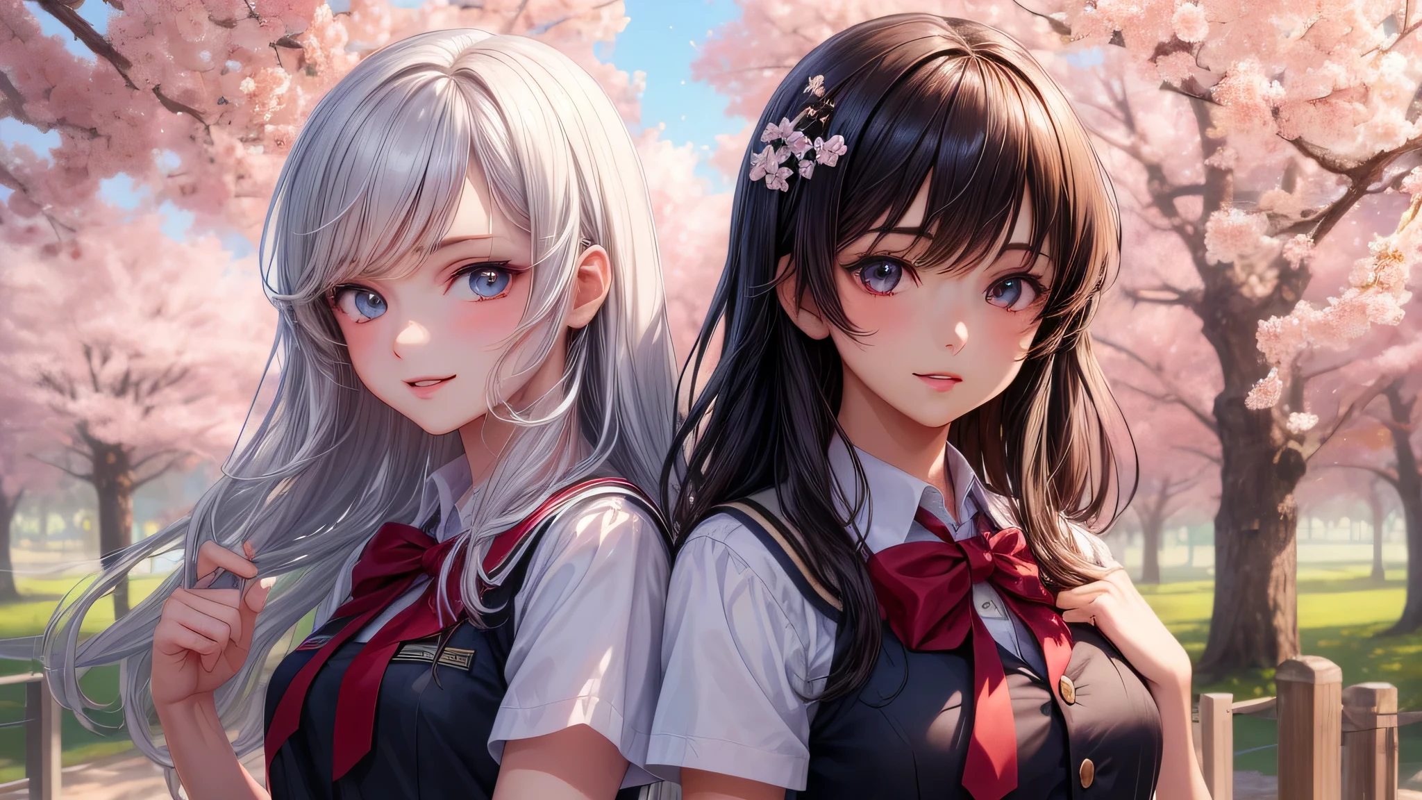 (2 girls:1.2), incredibly beautiful face,, shining smile, (school uniform, mini skirt:1.2), (highest quality: 1.4), (Super detailed), (highest quality:1.4), (super detailed), evening, (anime illustration), very high resolution, (Upper body), close up face, cherry blossoms, cherry blossoms