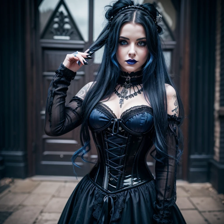 a woman in black corset and goth hair, with piercings, 1girl, solo, long hair, ring, silver hair, Gothic Lolita,((blue lips)), blue eyes, blue rose