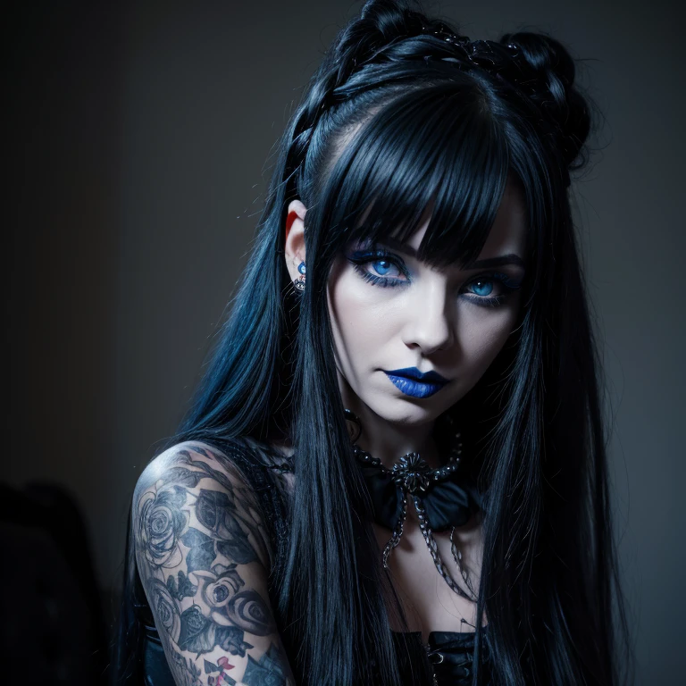 a woman in black corset and goth hair, with piercings, 1girl, solo, long hair, ring, silver hair, Gothic ta,((blue lips)), blue eyes, blue rose