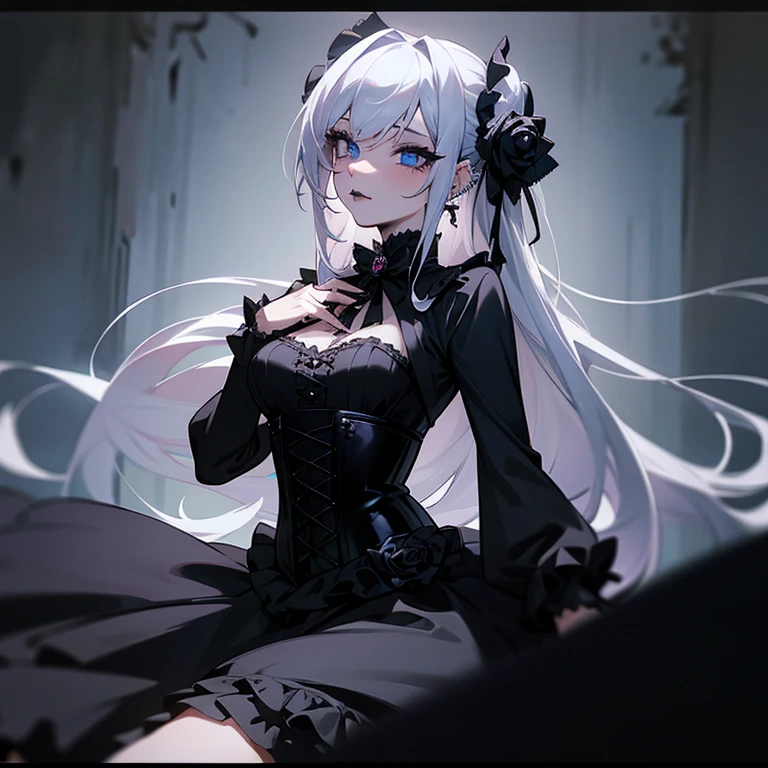 a woman in black corset and goth hair, with piercings, 1girl, solo, long hair, ring, silver hair, Gothic Lolita,((black lips)), blue eyes, black rose