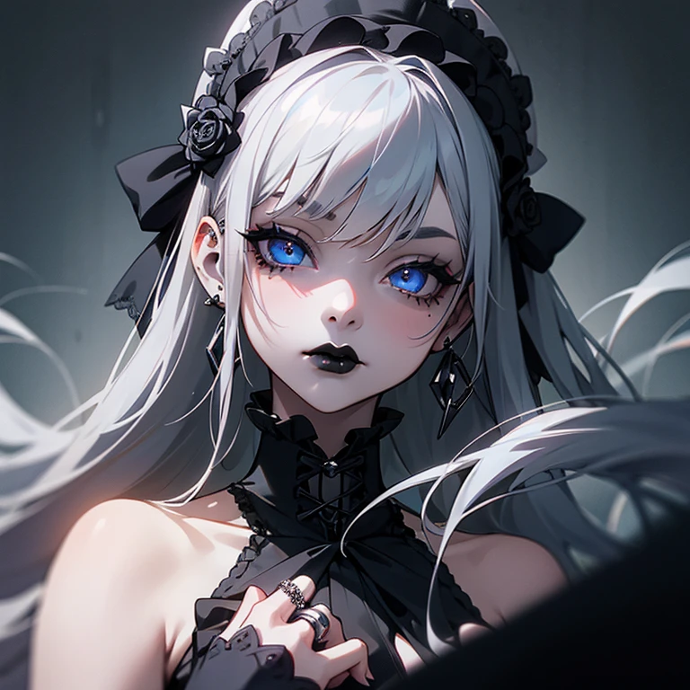 a woman in black corset and goth hair, with piercings, 1girl, solo, long hair, ring, silver hair, Gothic Lolita,((black lips)), blue eyes, black rose
