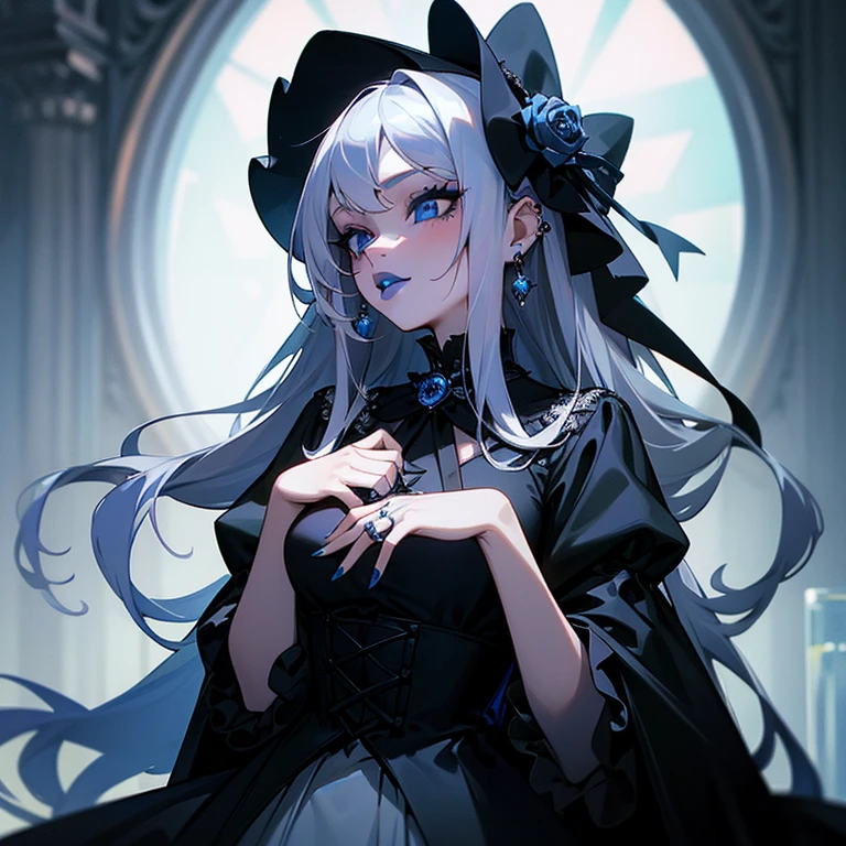 a woman in black Wedding dress and goth hair, with piercings, 1girl, solo, long hair, ring, silver hair, Gothic Lolita,((blue lips)), blue eyes, blue rose
