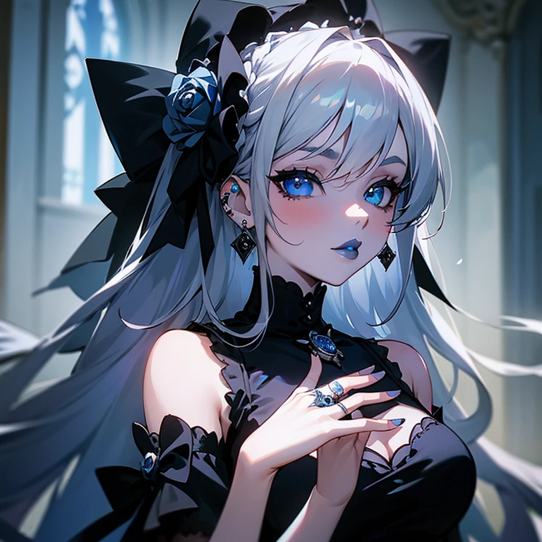 a woman in black Wedding dress and goth hair, with piercings, 1girl, solo, long hair, ring, silver hair, Gothic Lolita,((blue lips)), blue eyes, blue rose