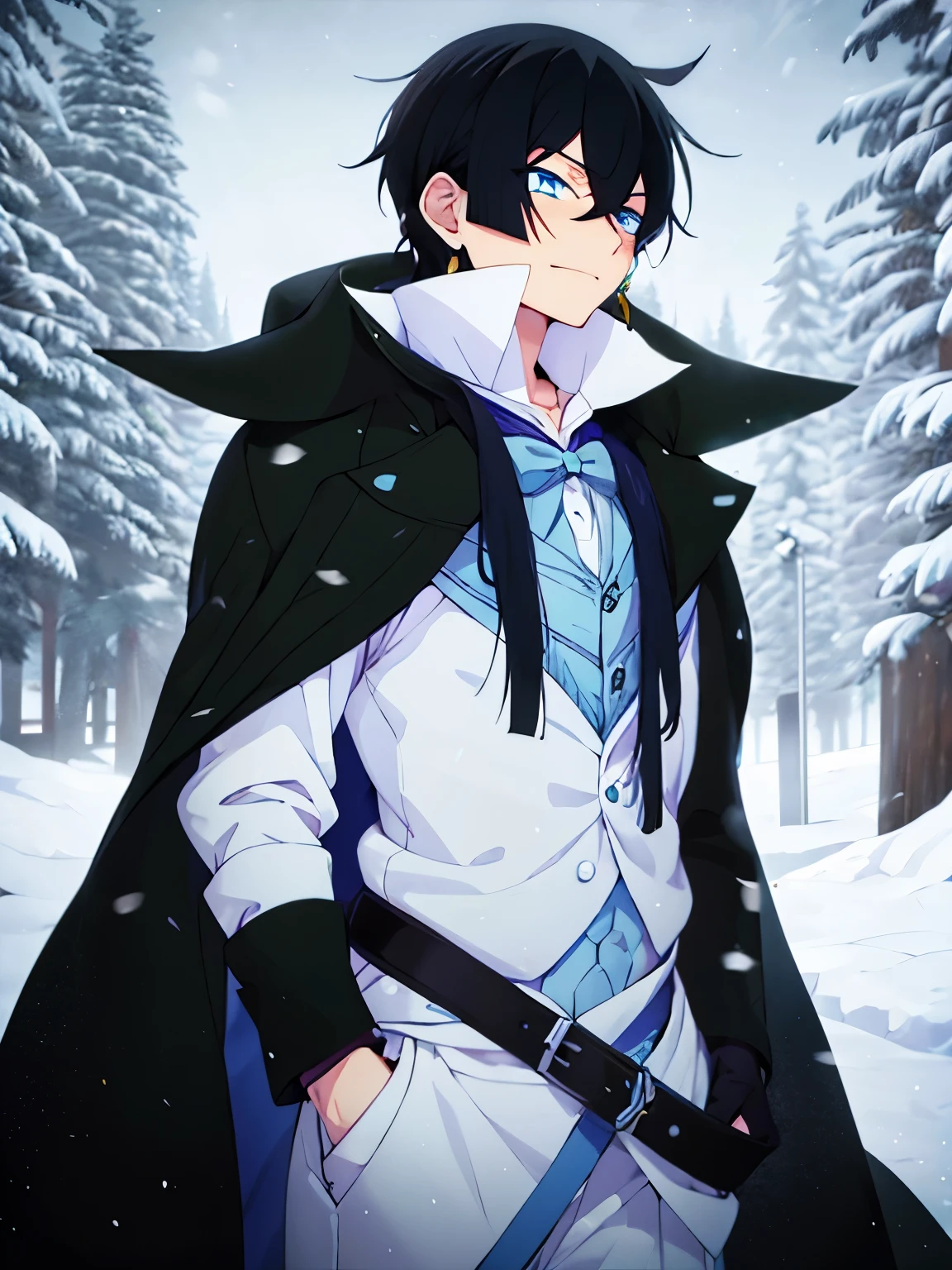 1boy,vanitas no carte,Facing right, hitting,camera angle from the side, looking away, looking away, angry expression,at he north pole, snow storm,half body photo