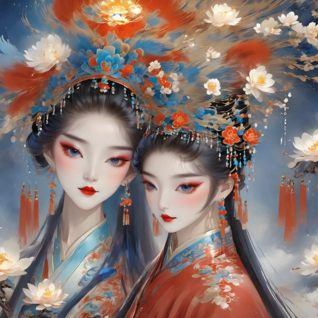 (masterpiece, best quality:1.2),,Nuwa holds the sacred stone,Fix the big hole in the sky。Her body is painted red,Symbolizes her courage and strength。Her hair and clothes are white,Symbolizing her purity and holiness。around her,is a dark sky,Symbolizes disaster and danger。Nuwa’s sacred stone shines brightly,Illuminates the whole picture,Symbolizes hope and redemption。 Close-up of woman wearing floral headdress, palace , girl wearing hanfu, beautiful fantasy queen, ancient chinese princess, ((beautiful fantasy queen)), chinese princess, queen of china, beautiful figure painting, Gurwitz style artwork, A beautiful artistic illustration, guweiz, Beautiful digital art work, Beautiful digital illustration