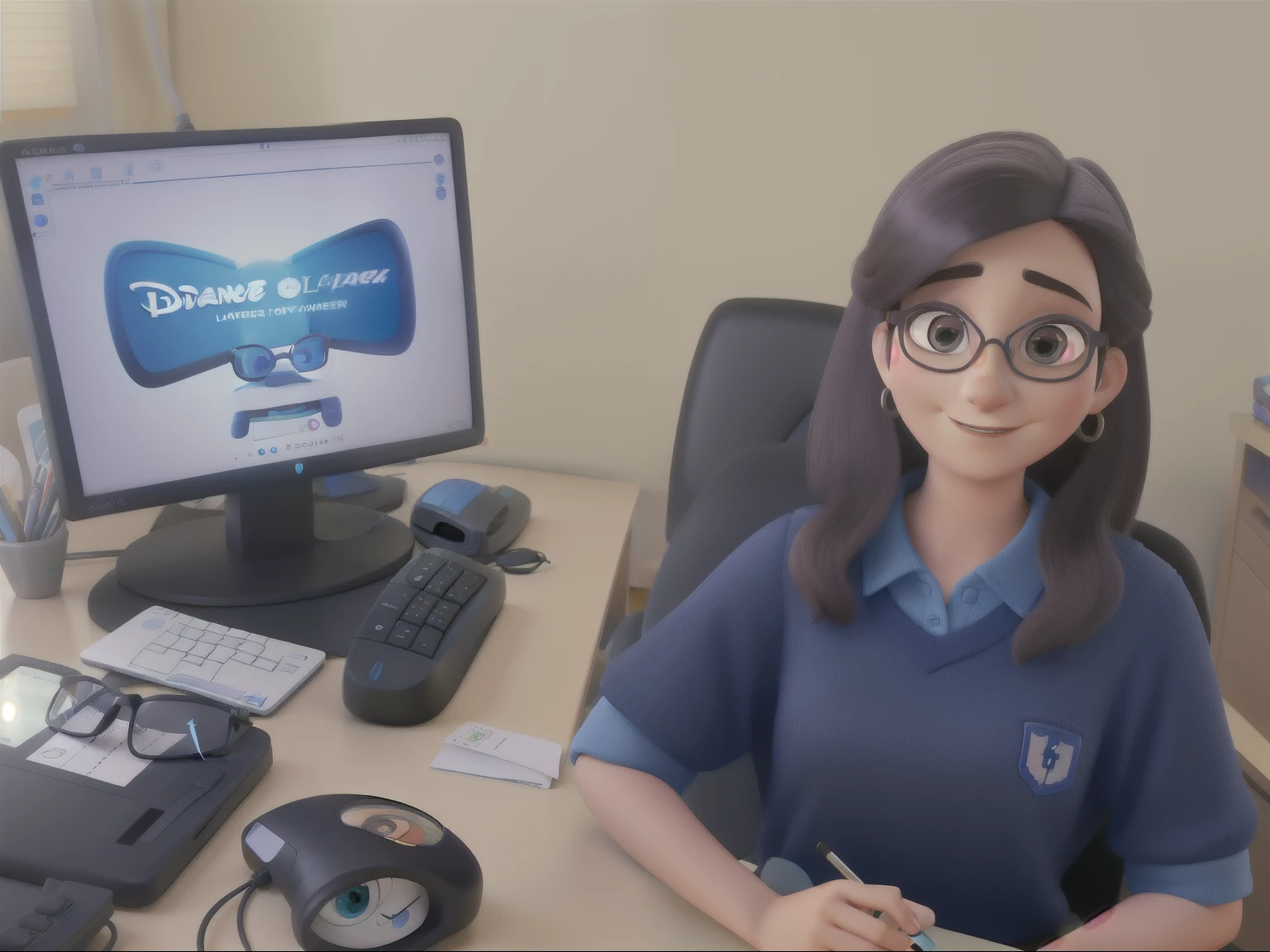 uma mulher de oculos, sentada em uma cadeira com um computador ao lado, como um desenho da disney pixar