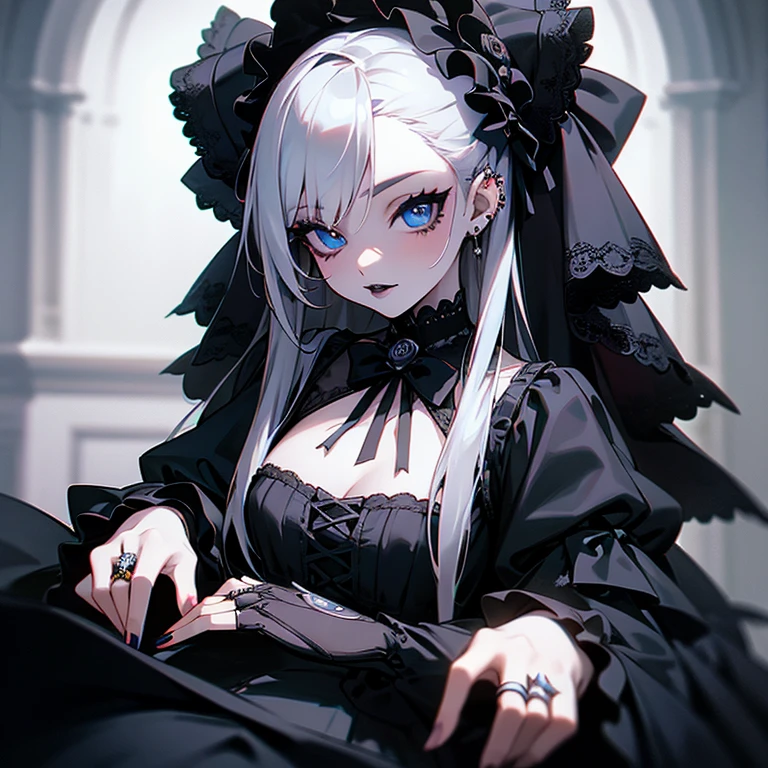 a woman in black Wedding dress and goth hair, with piercings, 1girl, solo, long hair, ring, silver hair, Gothic Lolita,((black lips)), blue eyes, black rose