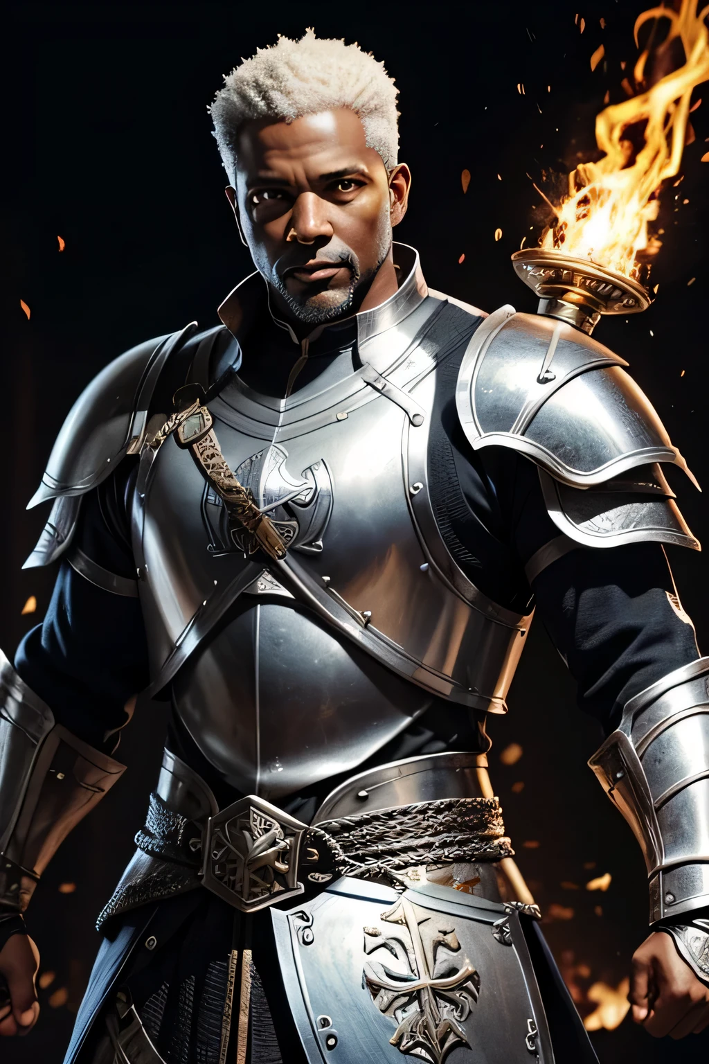 homem negro de meia idade, armadura de prata medieval, Espada e escudo, flaming fist symbol on chest