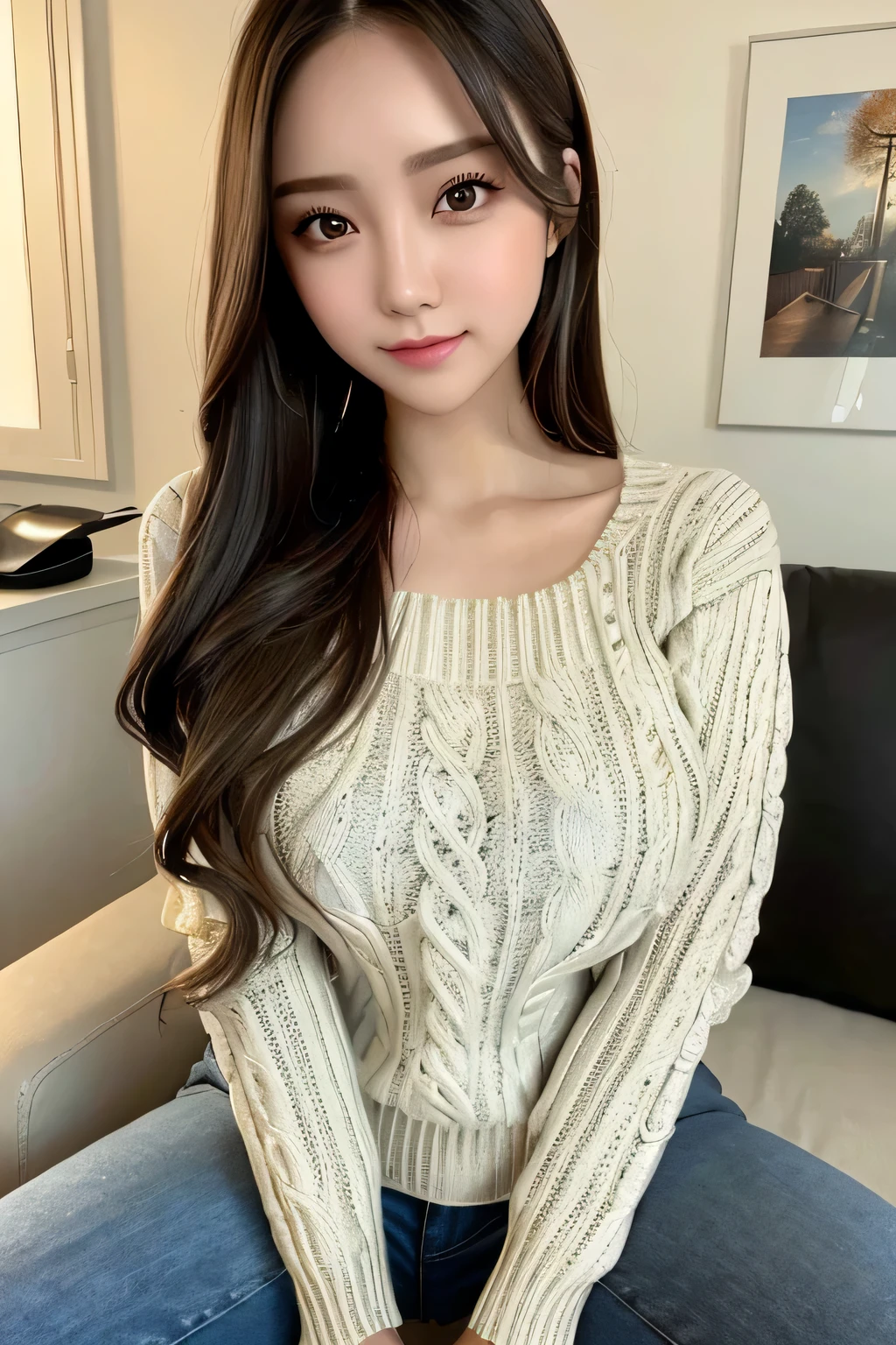 well-groomed face, beauty, spread your legs,long hair,1 girl,(big breasts:1.1),beautiful and detailed eyes,cute,professional lighting,highest quality, good top, (masterpiece:1.5), (sweater:1.3), jeans, clear, blonde