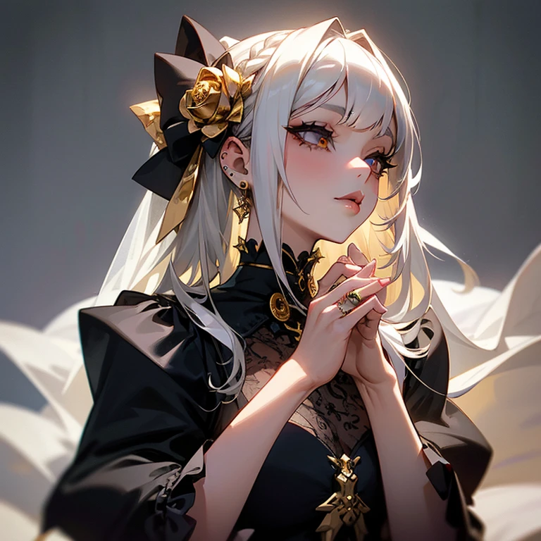 a woman in silver Wedding dress and goth hair, with piercings, 1girl, solo, long hair, ring, silver hair, Gothic Lolita,((gold lips)), silver eyes, silver rose
