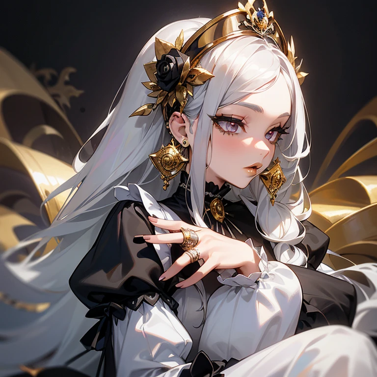 a woman in silver Wedding dress and goth hair, with piercings, 1girl, solo, long hair, ring, silver hair, Gothic ta,((gold lips)), silver eyes, silver rose