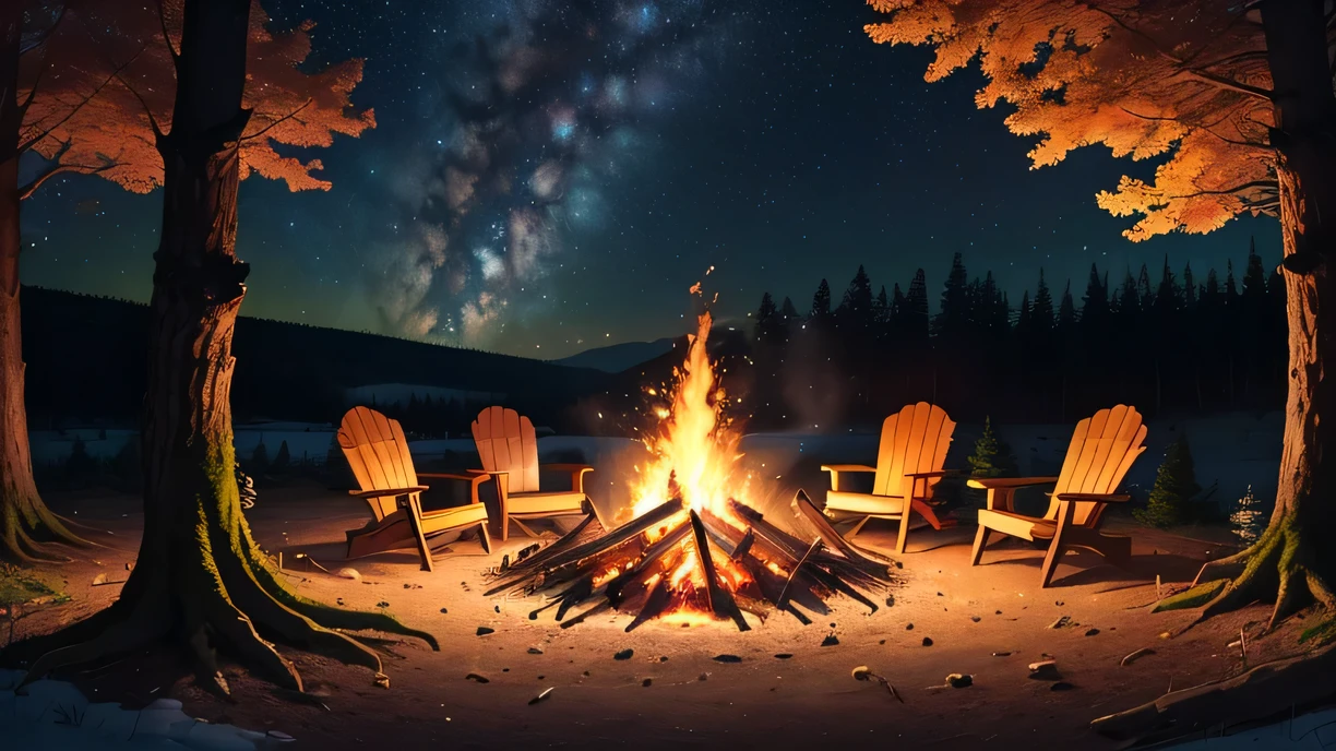 Make a big bonfire in the middle of the forest, wood々starry skies,8k,High resolution,the camera is focused on the fire,