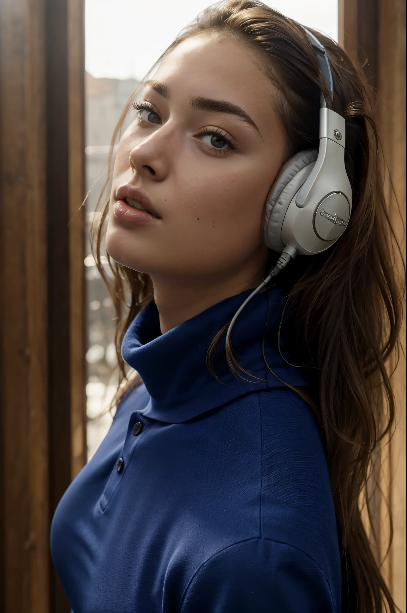 (masterpiece), (one girl 22 year old) (((Caucasian))) italian girl with shoulder length messy hair, she is . She is wearing a ((tight polo neck)) and shorts, she is sitting on a vitra eames chair ((wearing headphones)) in rapture, taken with, Canon 85mm lens, extreme quality, heavily retouched, heavy makeup, very high quality, portrait sophie mudd, thick neck, 19 year old female model, latina, angelawhite, violet myers, 22 years old, 21 years old, profile image, italian, italian latina, Alycia Debnam-Carey, hazel eyes, realistic, post-processing, maximum detail,
