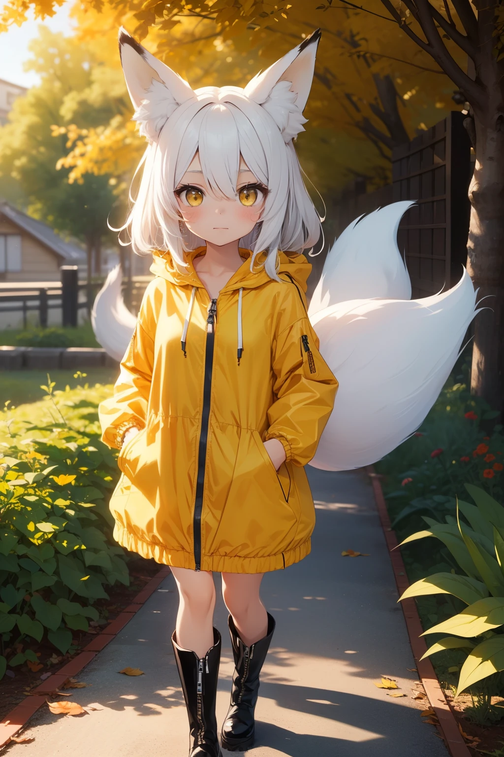 (best quality, 4k, 8k, highres, masterpiece:1.2),ultra-detailed,detailed face,anime style,
BREAK BLARKY beautiful caucasian woman with very long straight white hair,(yellow eyes:1.4),fair skin,expressive face,attractive appearance,animal ear fluff,animal ears,extra ears,(fox ears:1.4),fox girl,fox tail,long hair,bangs,hair between eyes,medium breasts,blush,
BREAK (yellow theme:1.4),(oversized and baggy yellow outerwear:1.3),(fusion of yellow windbreaker and yellow hoodie:1.4),(yellow Nylon:1.4),((zipper, large pocket):1.3),
BREAK (black and white plaid-pattern pleated-skirt:1.2),(black platform HIGH boots:1.2),(oversized white blouse:1.4), school uniform, ((chibi)),
BREAK 1girl, the girl is taking a stroll, (in school garden:1.2) with a (Japanese school in the distance), sunlight streaming through the trees, casting a golden glow, serene atmosphere, soft breeze rustling leaves, tranquil setting, harmony between nature and architecture, traditional wooden structures, autumn leaves showering the path, (full body).