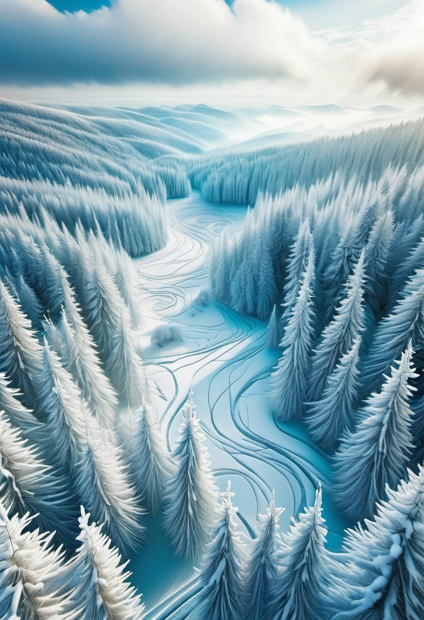 Top view of a winter forest from high in the sky，Fantasy snow scene from high altitude，You can feel the complex ecosystem. The perspective of aerial photography allows us to appreciate the beautiful scenery and intricate details of the landscape from a bird&#39;s-eye perspective. Fantasy landscape art , masterpiece, Beautiful detailed ultra high definition beautiful art 